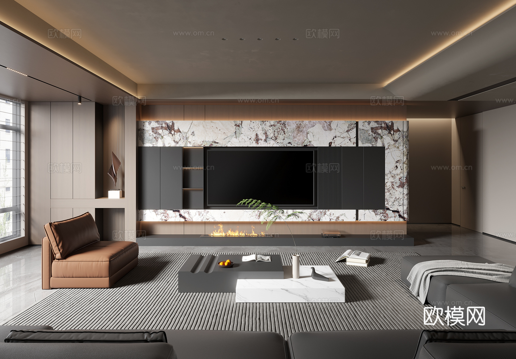 现代意式客厅电视背景3d模型