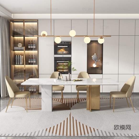 现代轻奢餐厅 餐桌椅su模型下载(渲染图1)