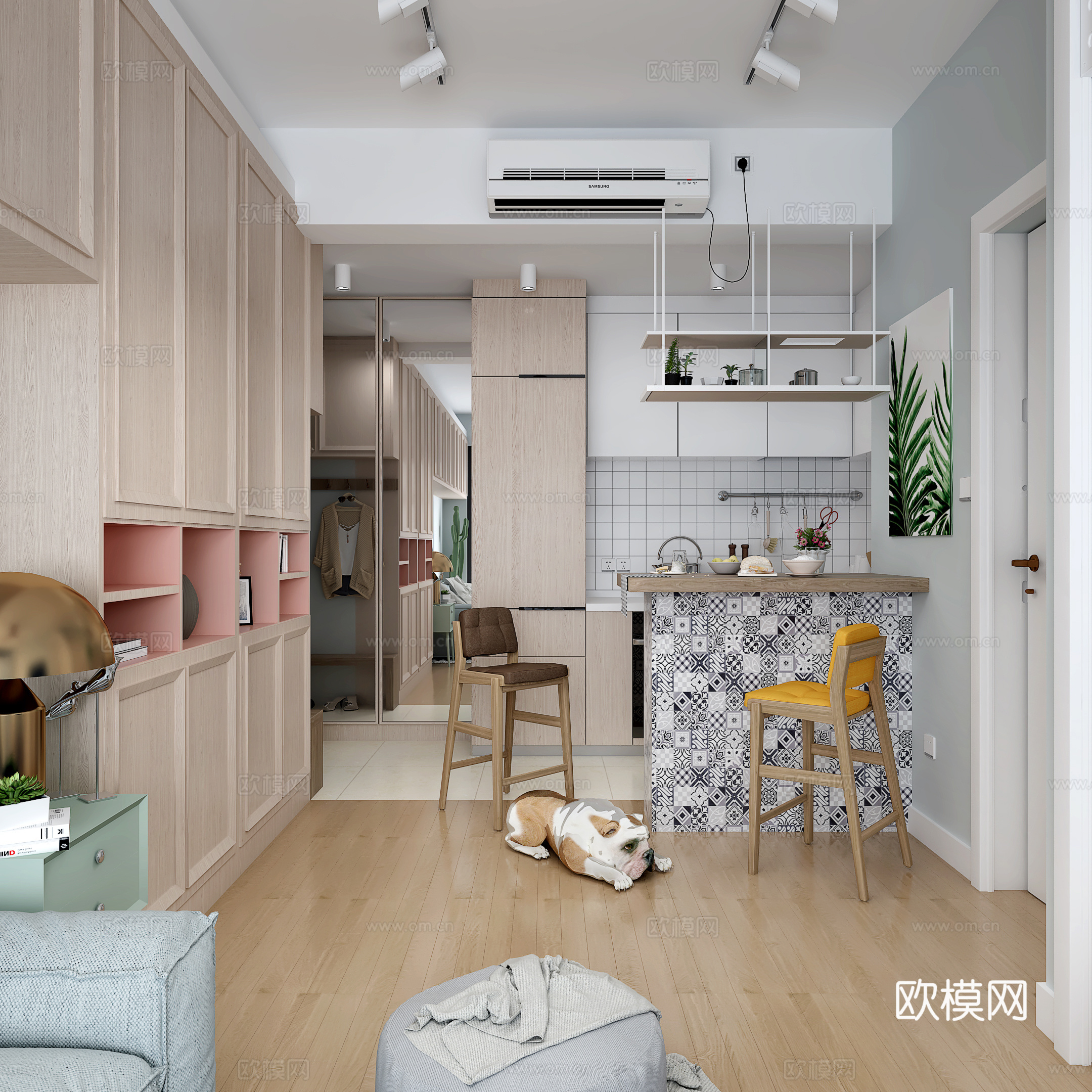 北欧餐厅吧台厨房工业风橱柜吧椅橱柜空调筒灯射灯3d模型