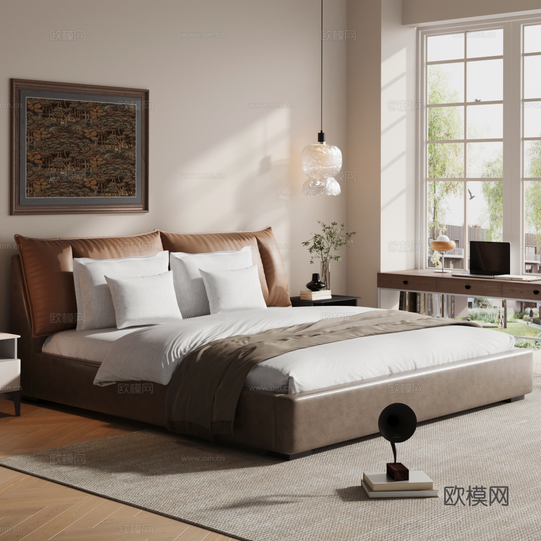 中古双人床 棕色皮革床 皮床 棕色床 中古风主卧 主卧床su模型