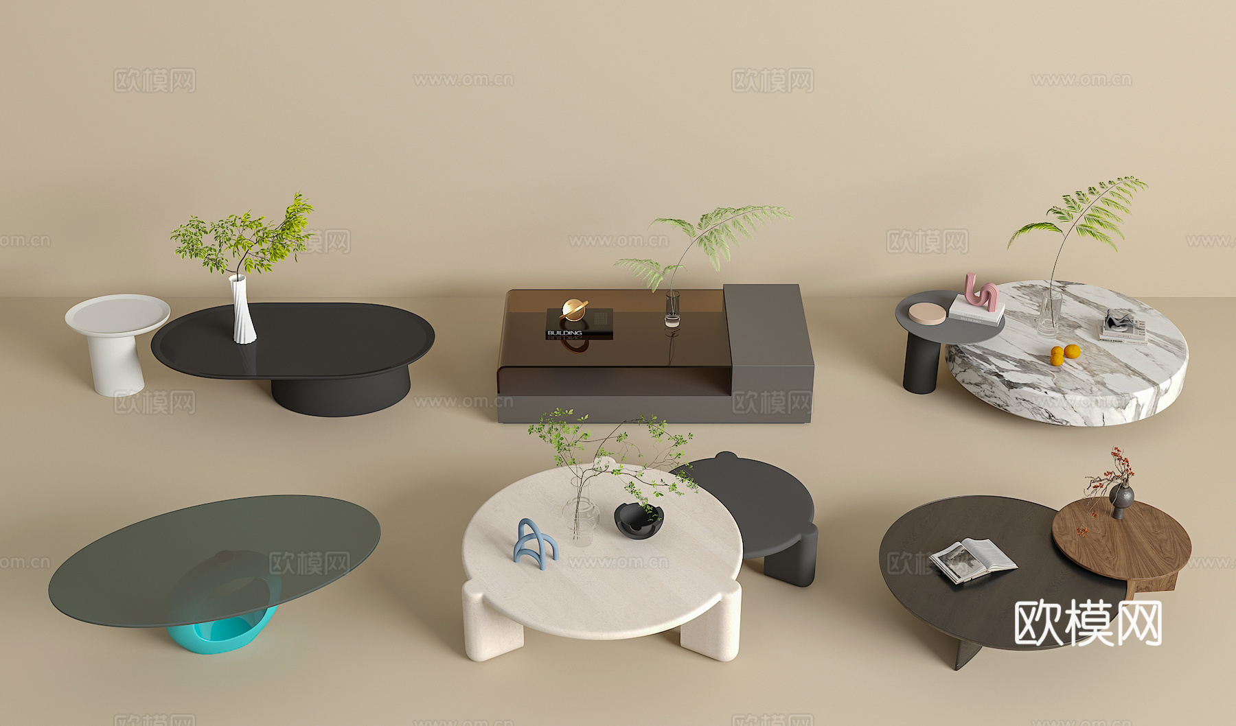 茶几组合 绿植 饰品摆件 书籍3d模型