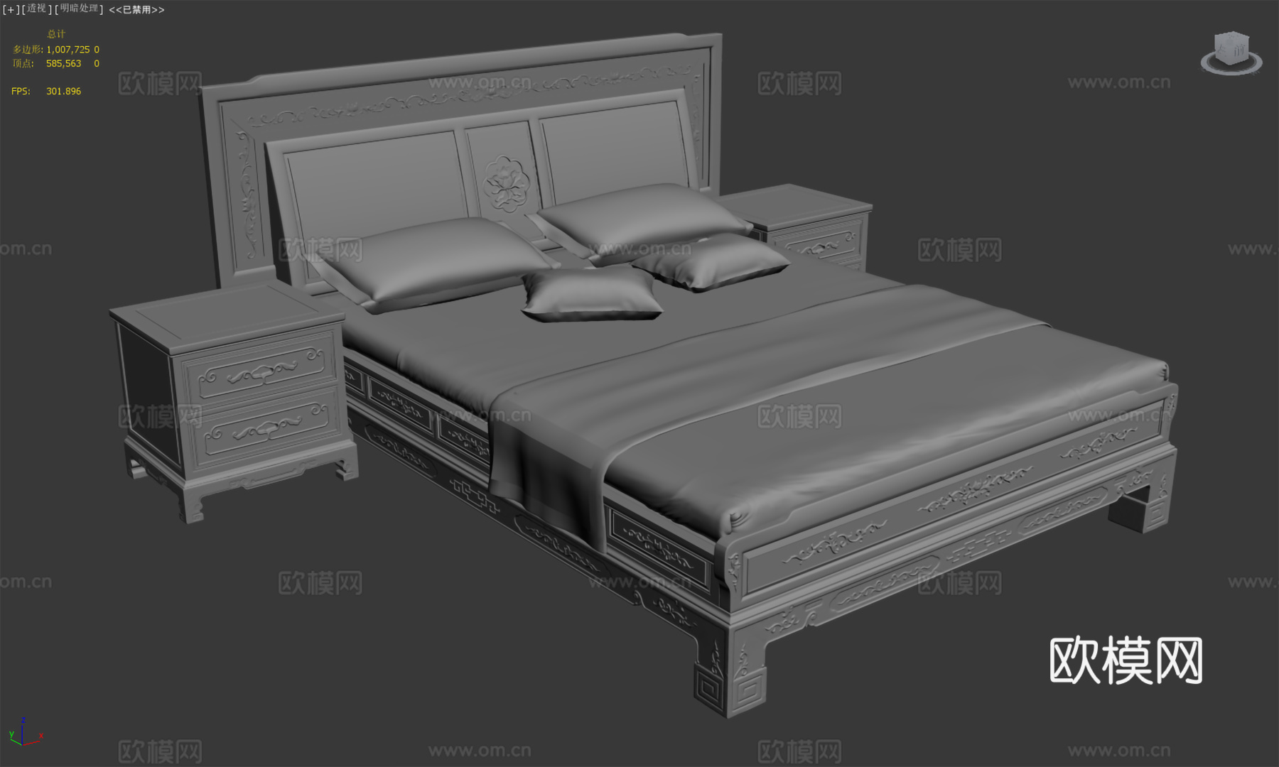 中式双人床 床头柜 雕花柜门床头床体 实木红木3d模型