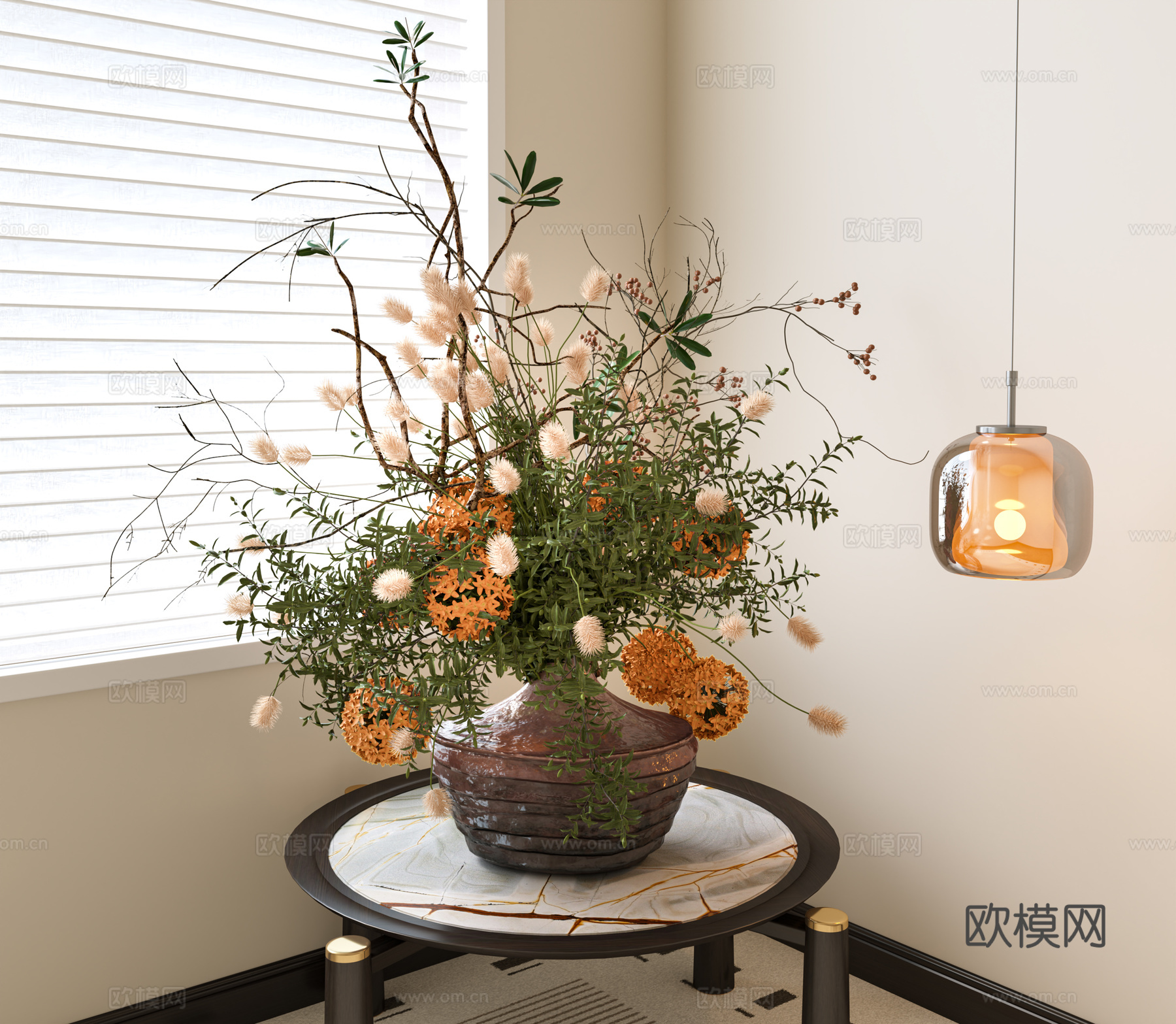 花瓶 中古花艺盆景 陶罐花瓶 干枝花艺 装饰摆件 花 现代花3d模型