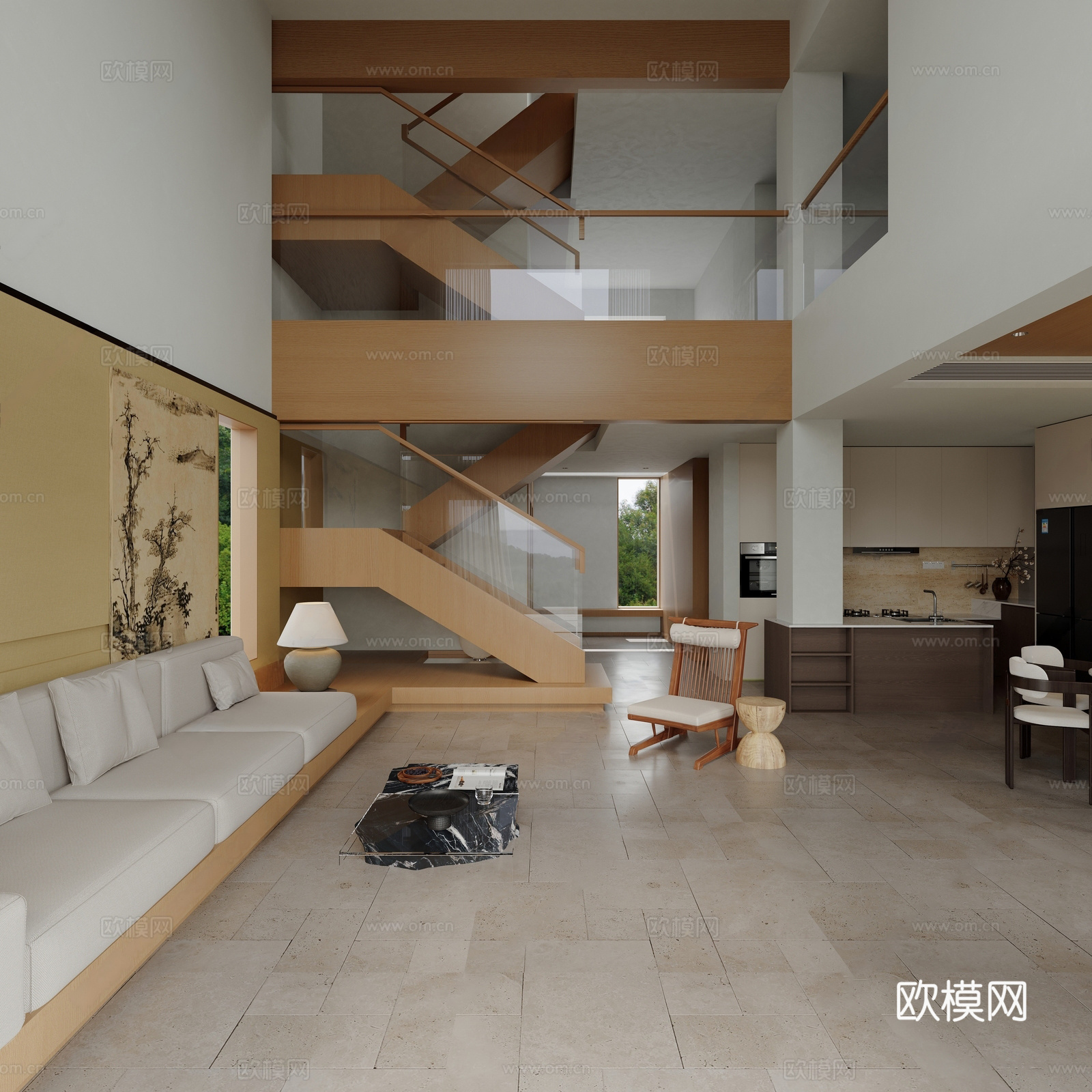 新中式别墅客餐厅 宋式美学 别墅空间 楼梯设计 沙发茶几组合3d模型