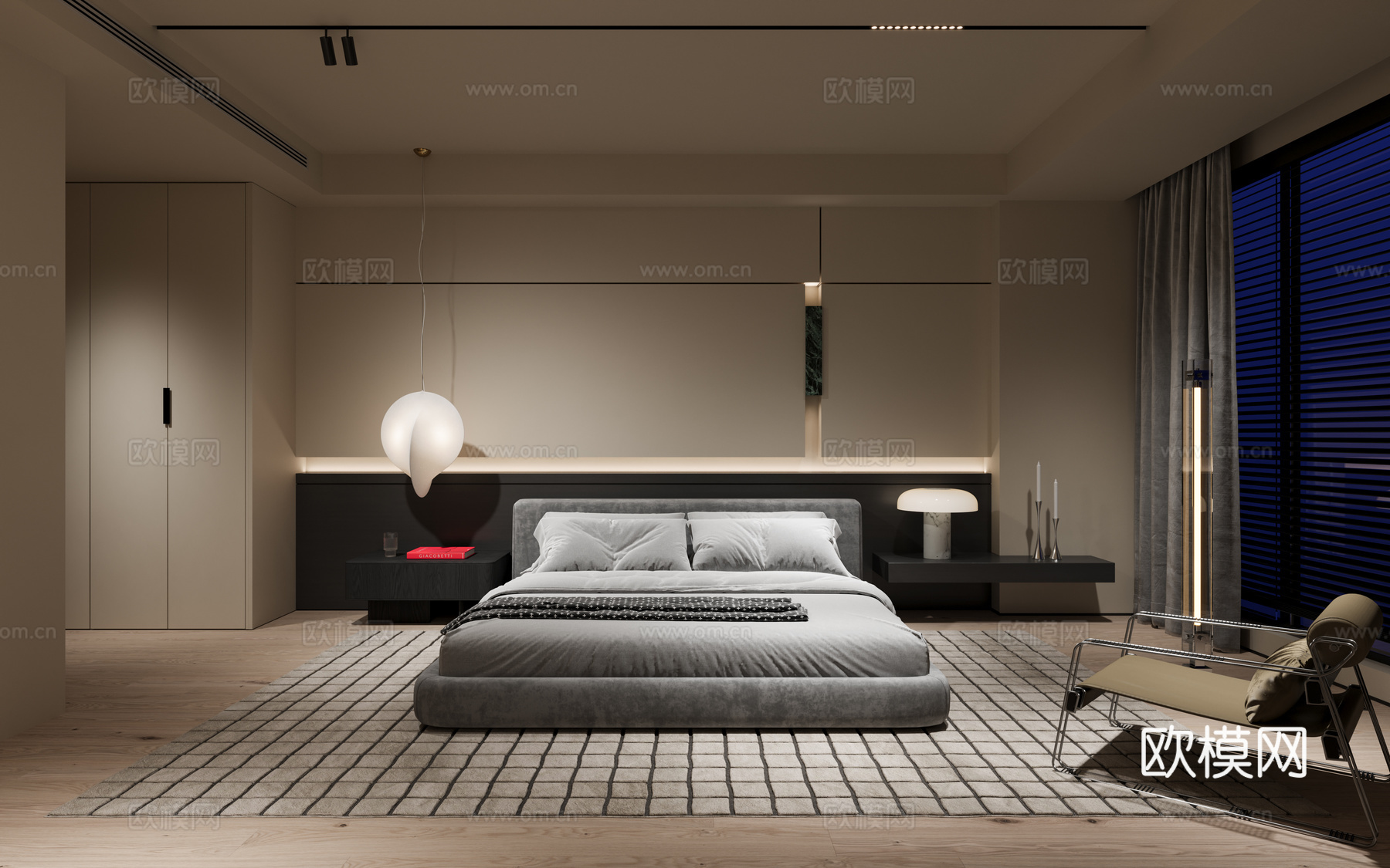 现代奶油风卧室3d模型