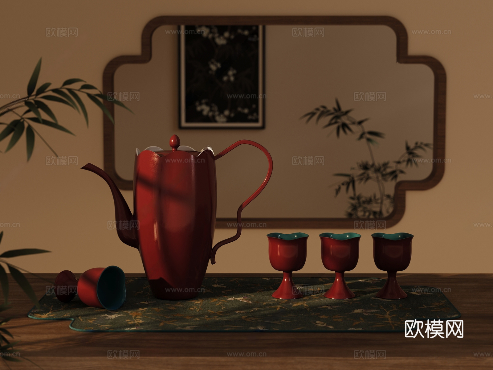 新中式茶具 茶台 花瓶饰品摆件 插花3d模型