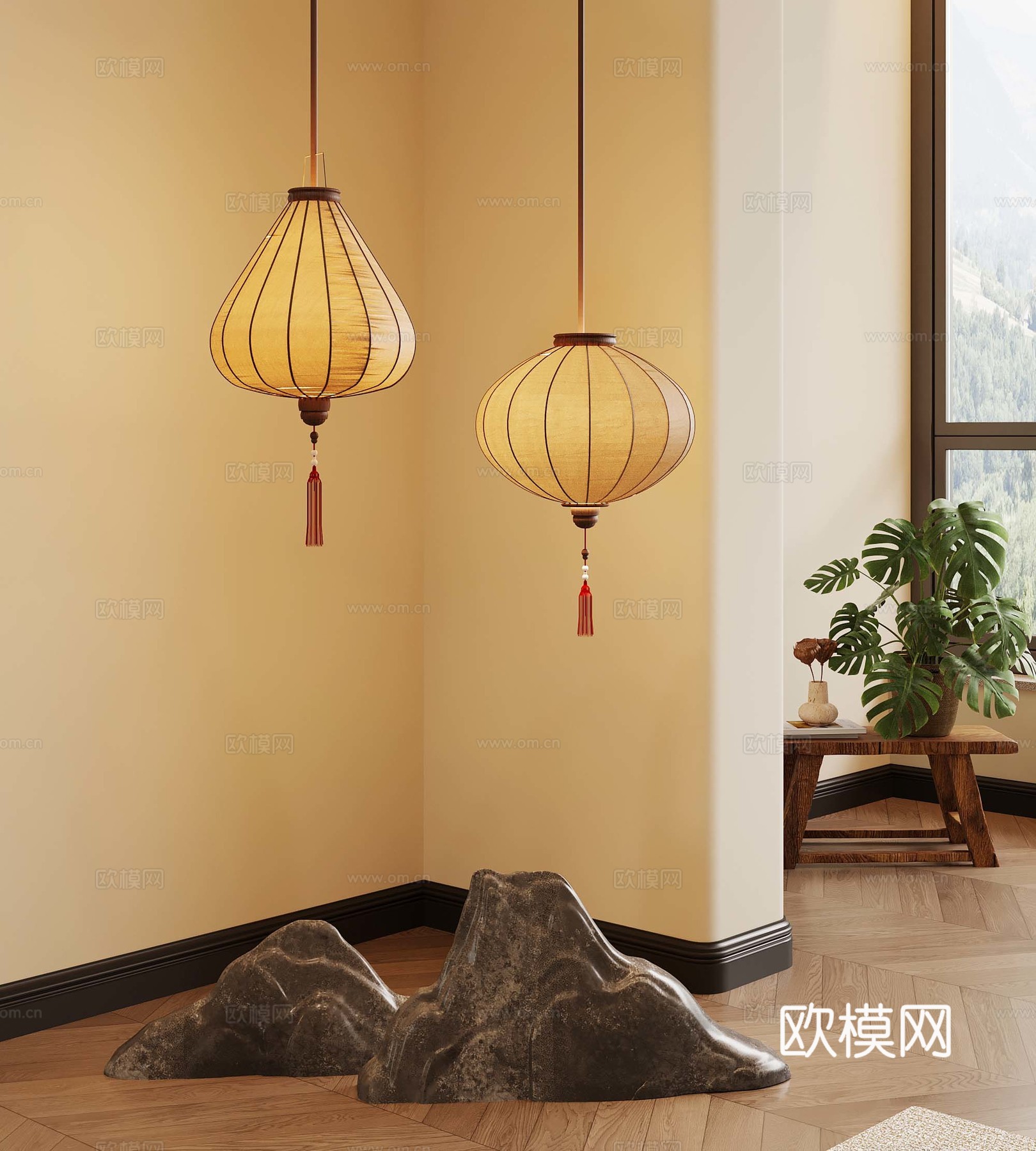 新中式灯笼 盆栽盆景 龟背竹 石头su模型