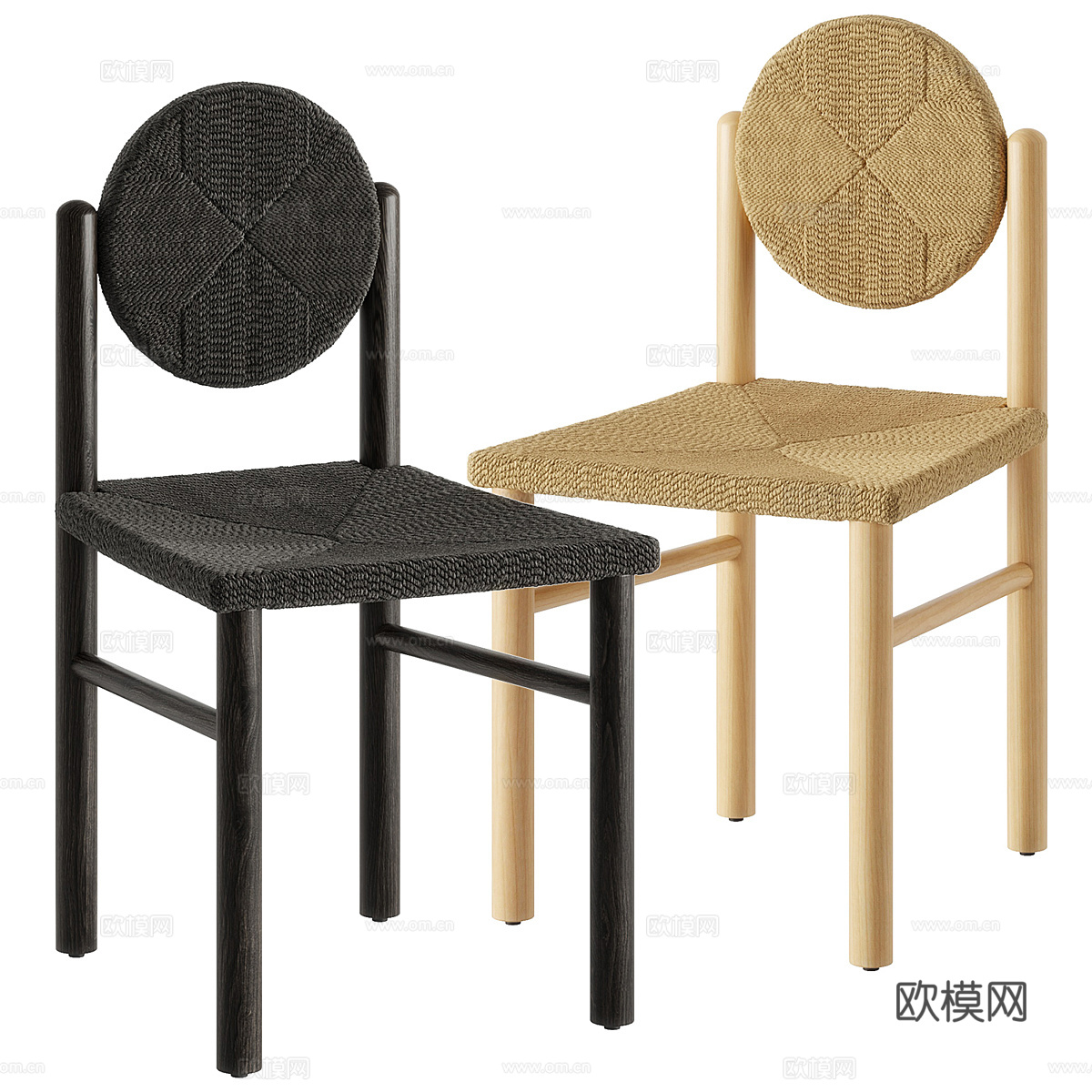 新中式侘寂藤编木质餐椅3d模型