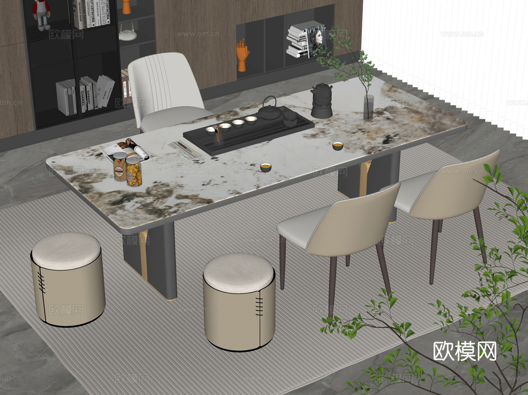 现代茶桌椅 轻奢 大理石茶桌椅 岩板茶台 靠背椅 茶具用品su模型下载（渲染图2）
