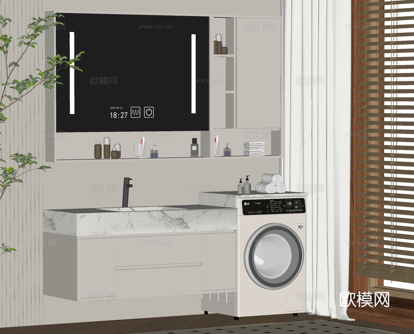 现代浴室柜 洗手台 洗衣机柜su模型