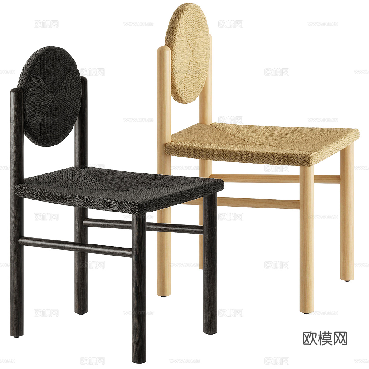 新中式侘寂藤编木质餐椅3d模型