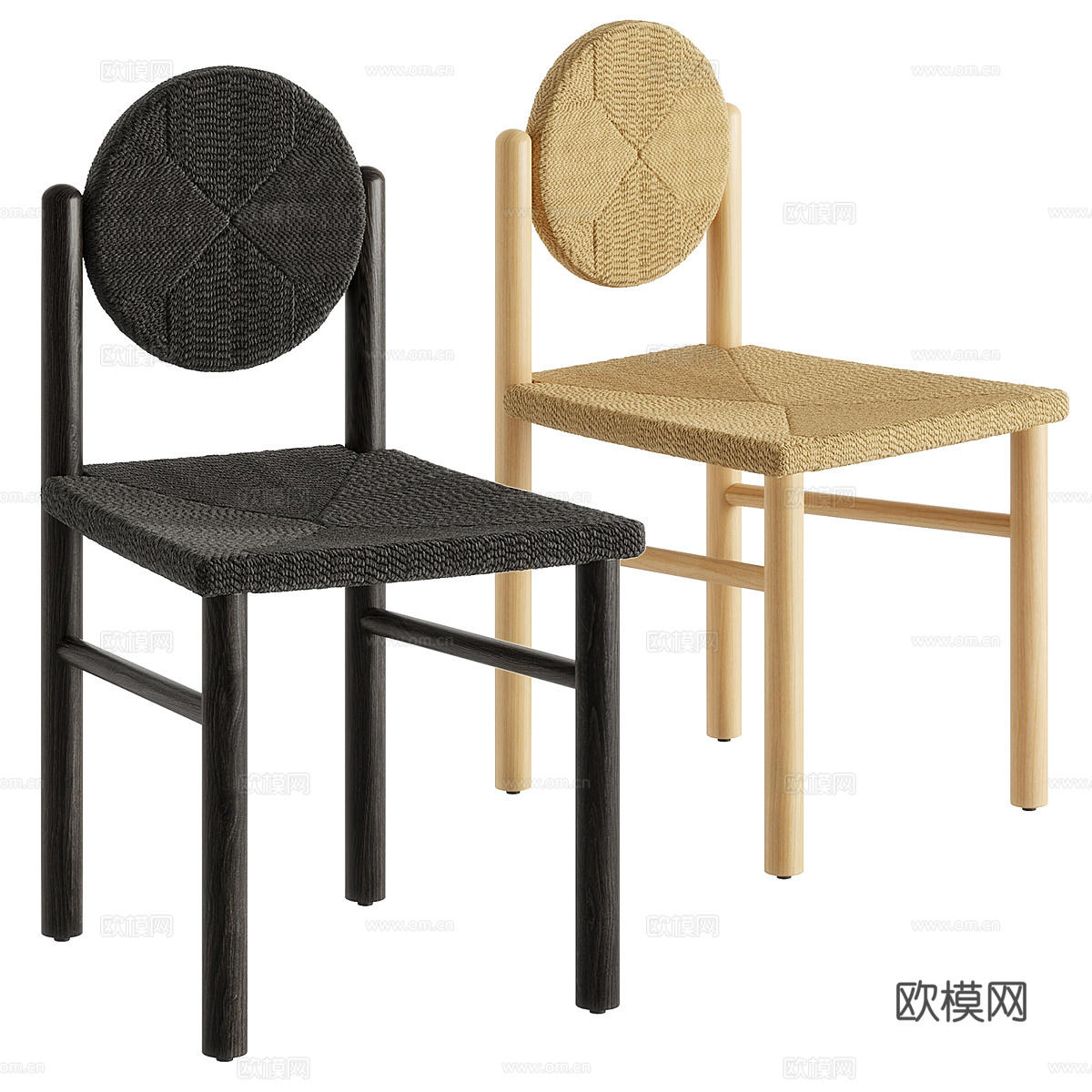 新中式侘寂藤编木质餐椅3d模型