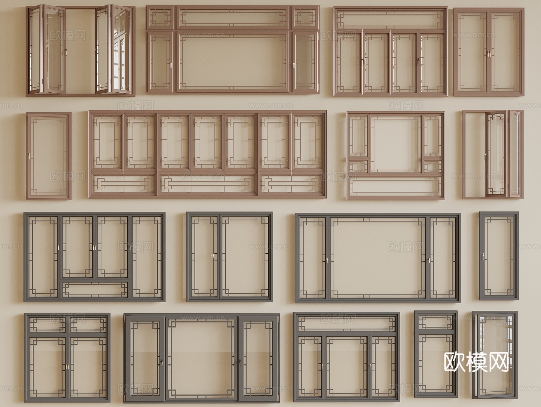 新中式窗户 平开窗 落地窗 仿古窗 花格窗 飘窗 复古窗 折3d模型3d模型