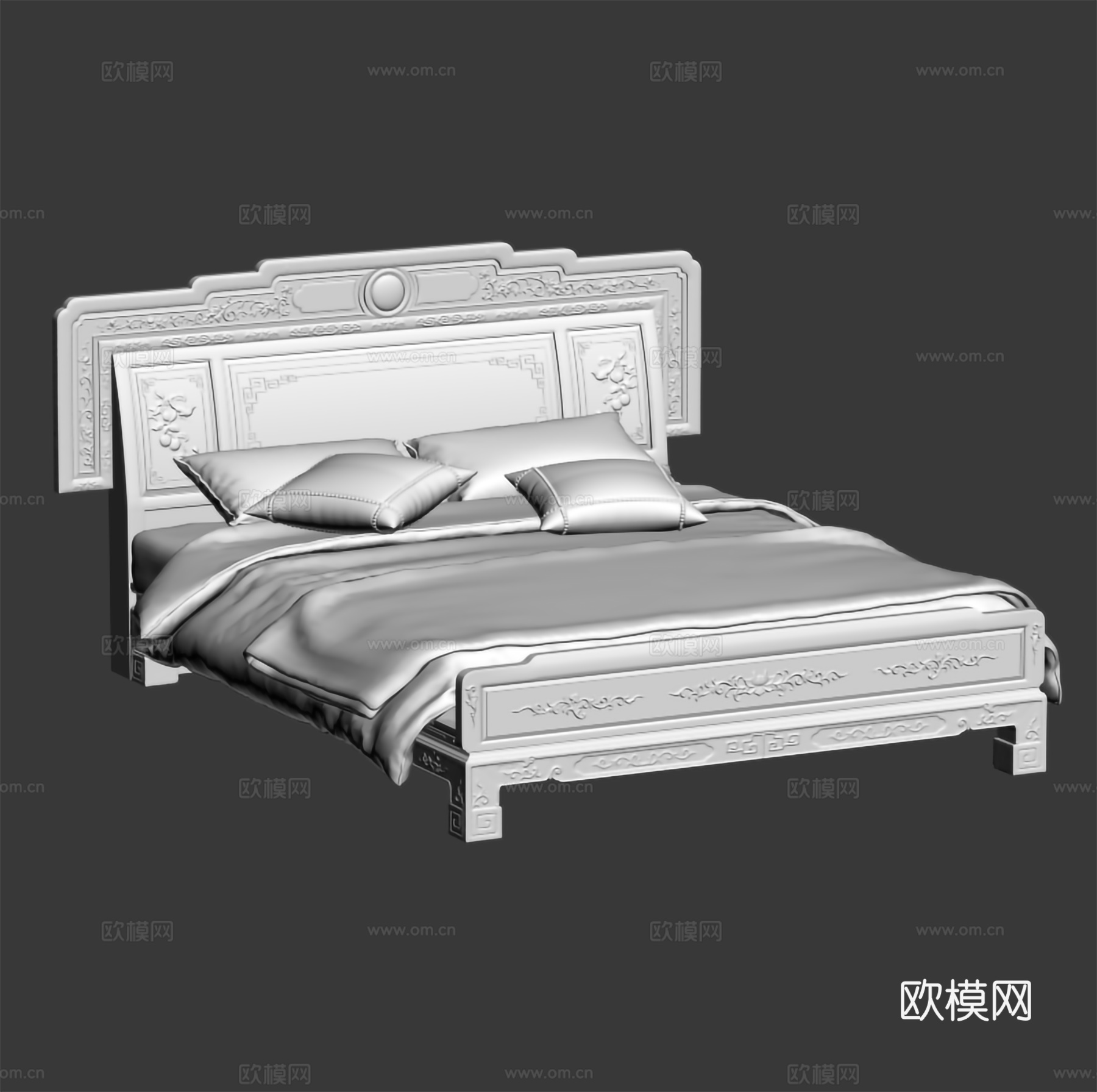 中式双人床 雕花床体床头 实木红木3d模型