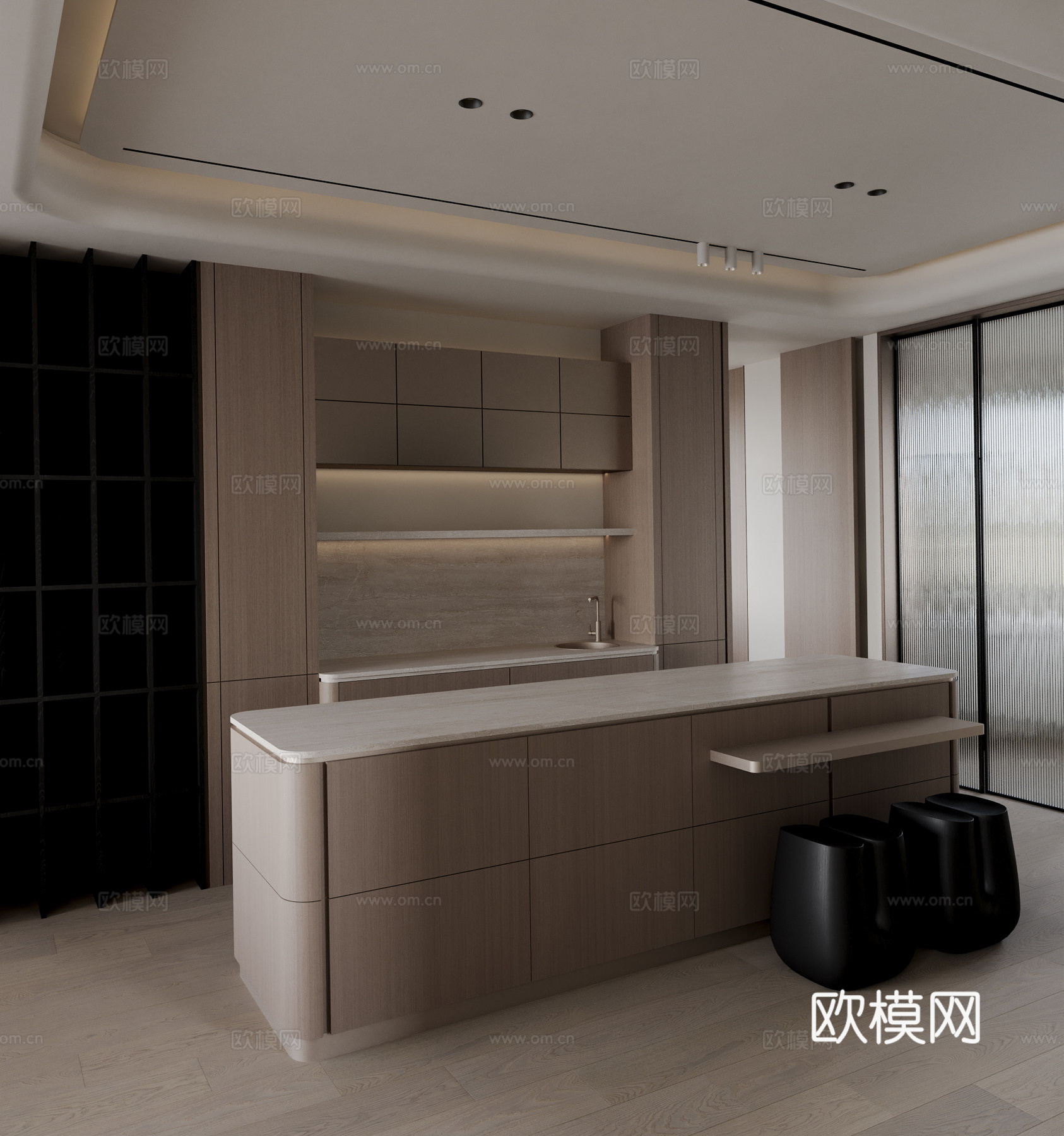 现代原木风厨房3d模型