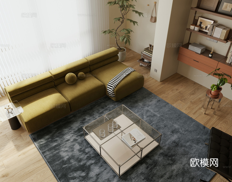 現(xiàn)代復(fù)古客餐廳 小戶型 橫廳 中古風(fēng)客餐廳3d模型下載(渲染圖4)