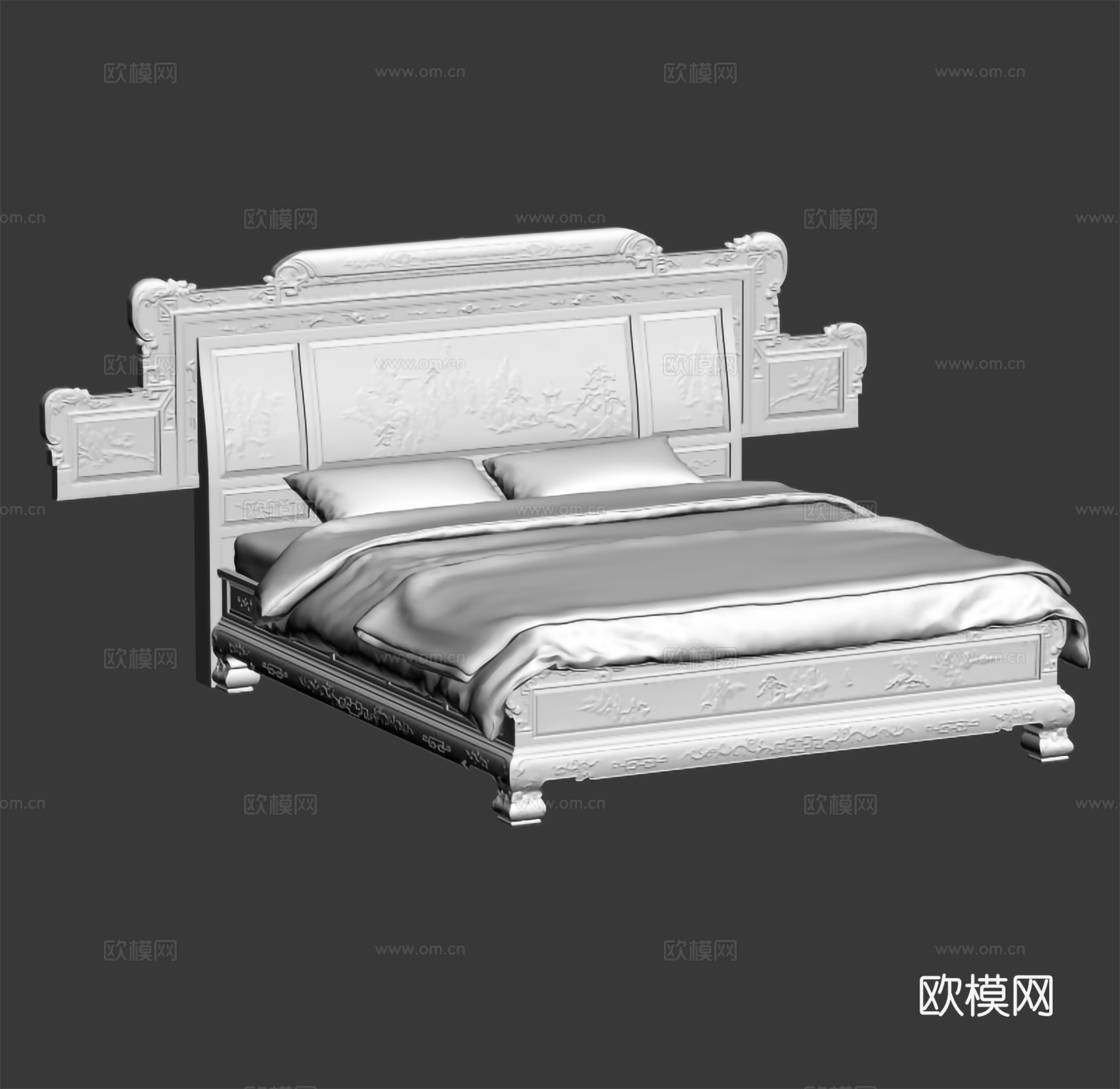 中式双人床 雕花床头床体 实木红木3d模型