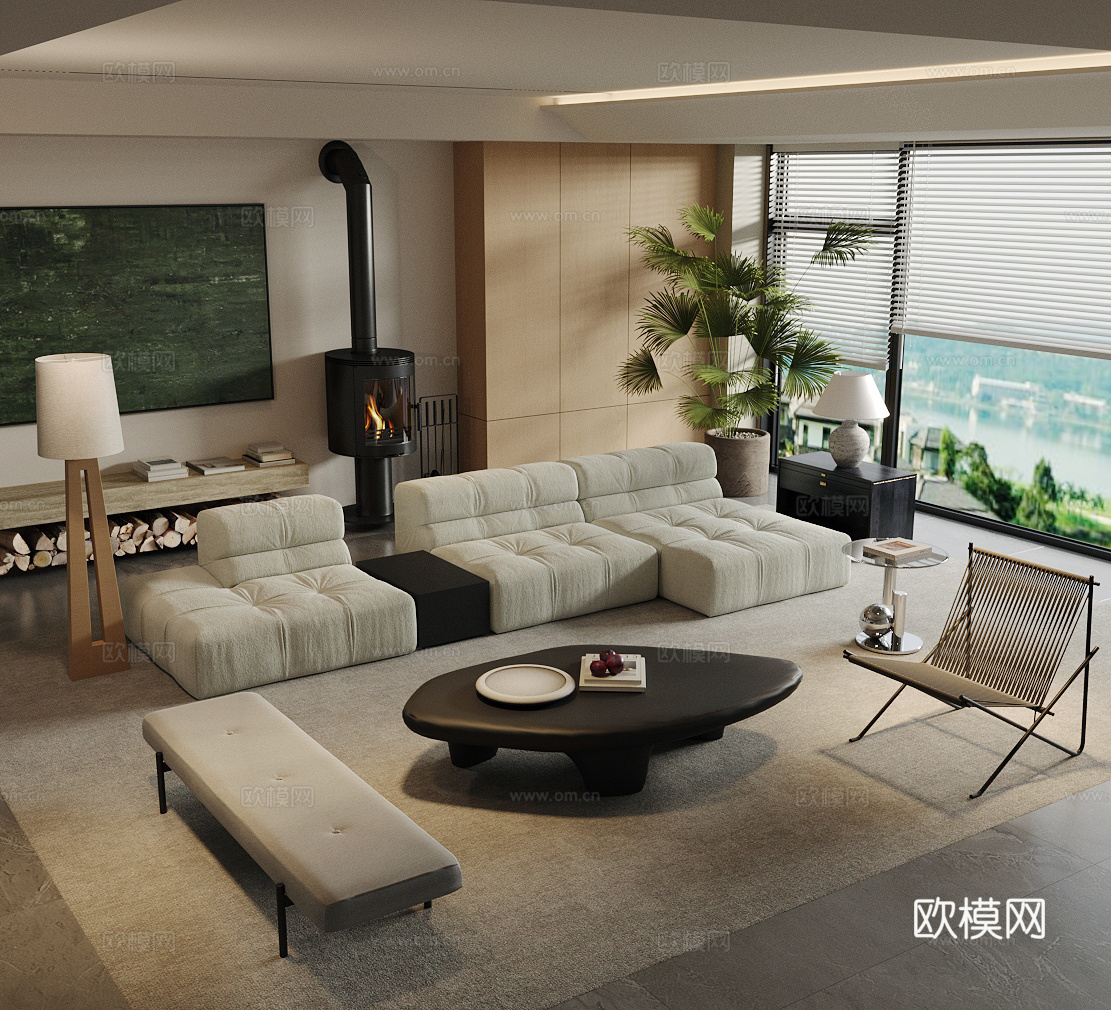 现代原木家居客厅 原木风客厅 沙发茶几组合 黑白灰客厅3d模型