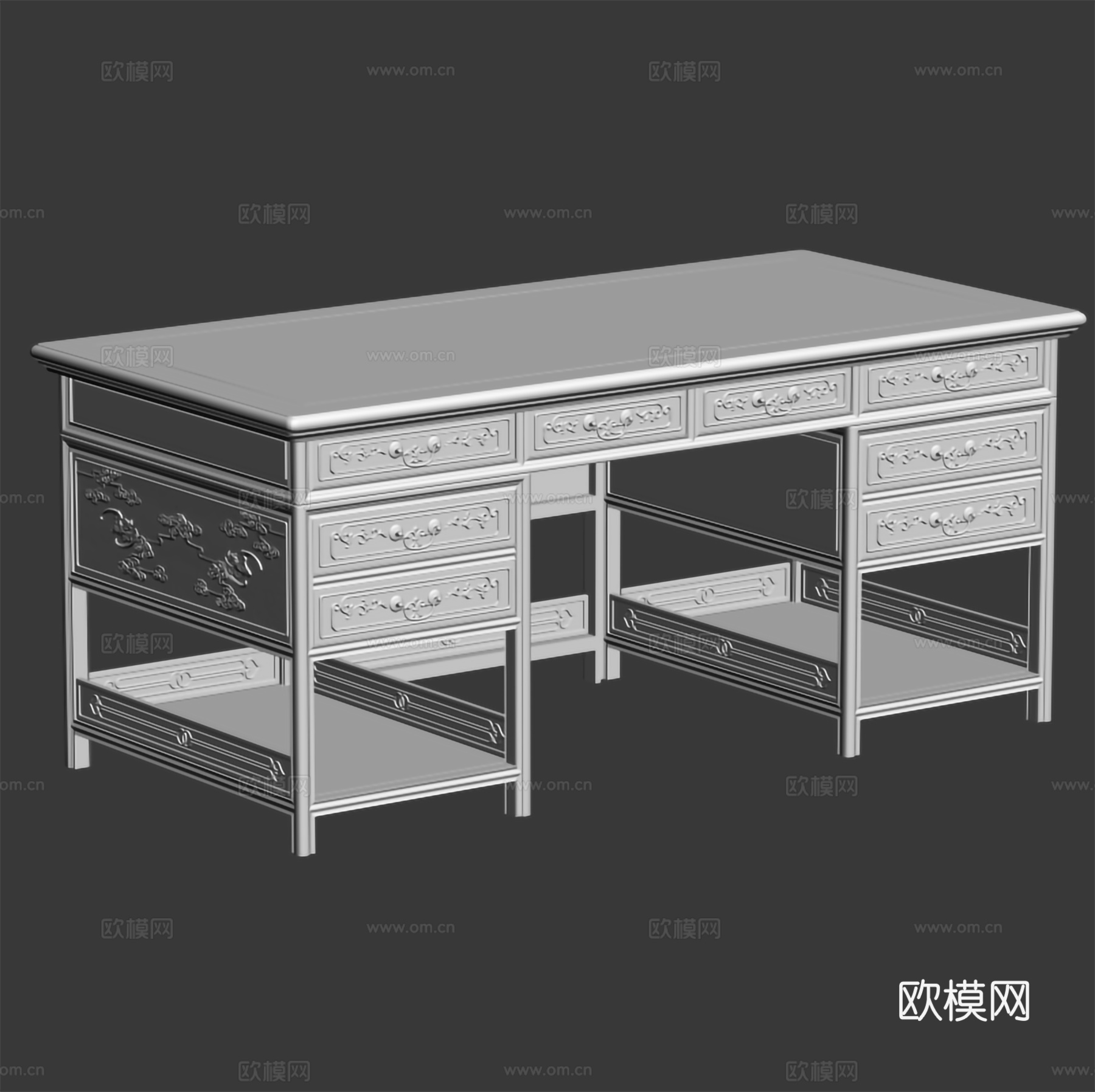 中式班台 老板台 办公桌 雕花柜门 实木红木3d模型