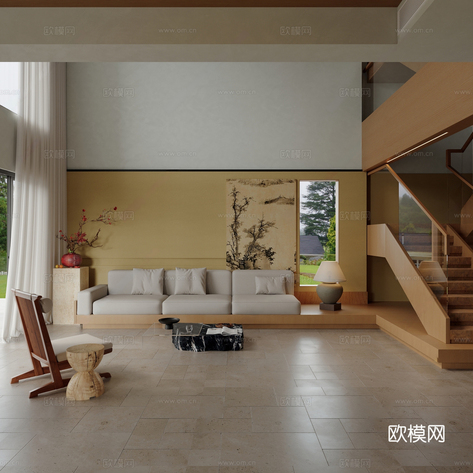 新中式别墅客餐厅 宋式美学 别墅空间 楼梯设计 沙发茶几组合3d模型