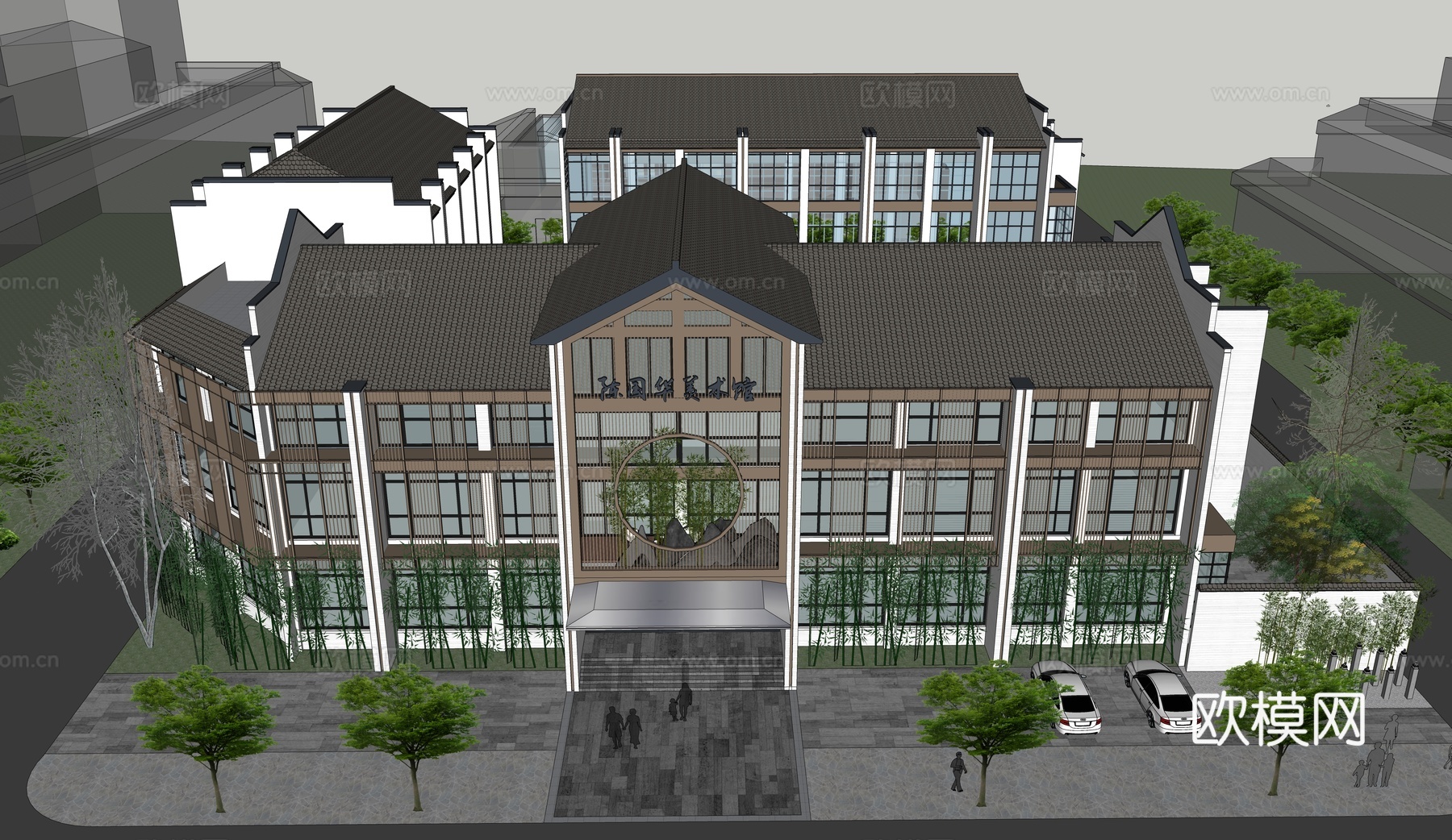 现代工作室 美术馆 四层建筑su模型