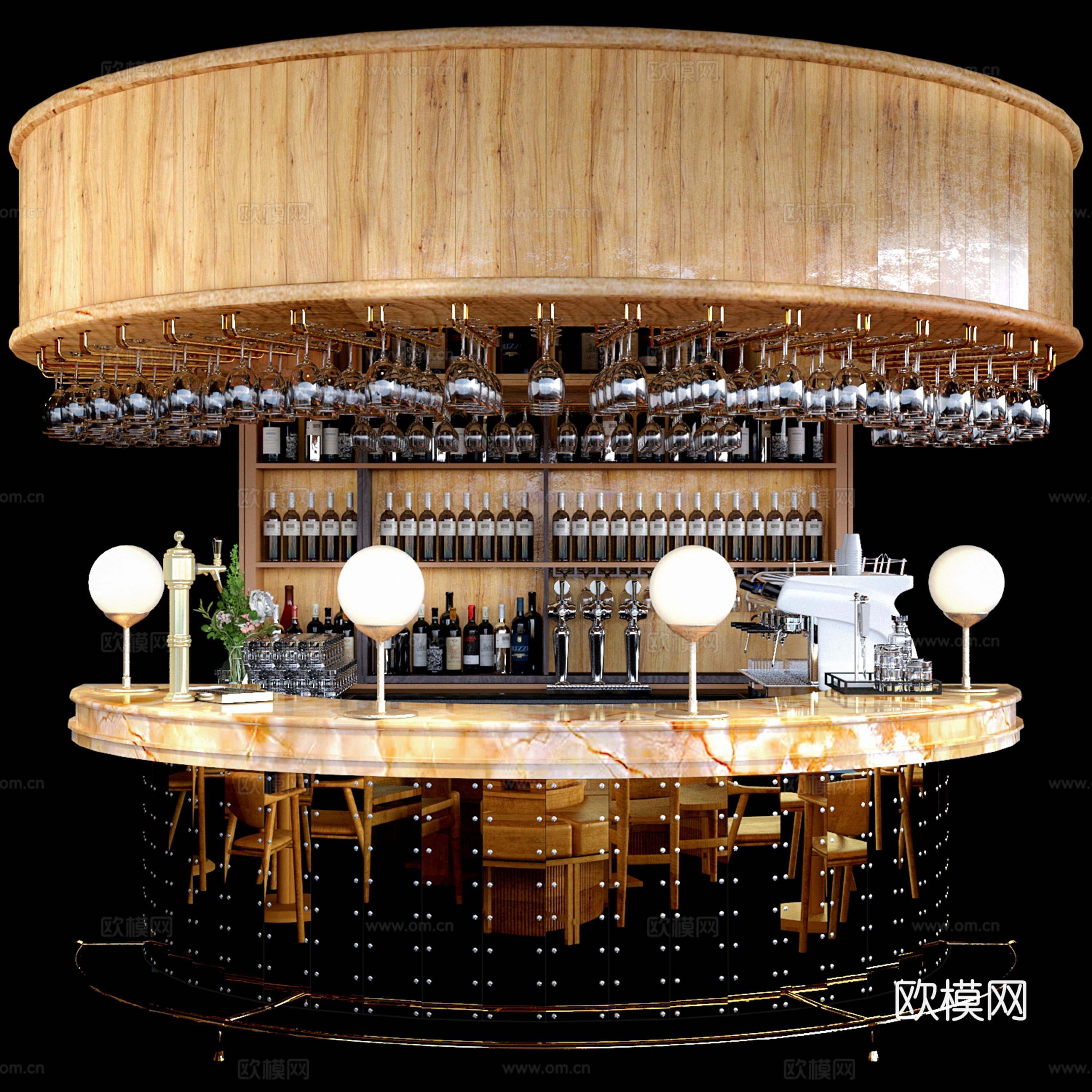 美式复古酒吧台 咖啡吧台3d模型-Pic-1
