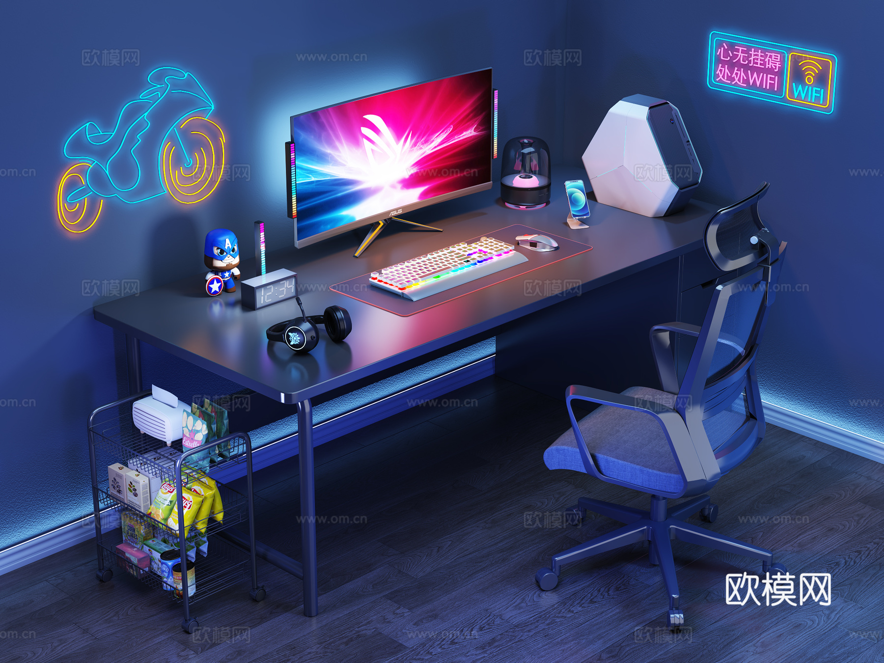 现代书桌椅 电竞桌椅 电脑桌 电竞房 电脑摆件组合 装饰灯3d模型