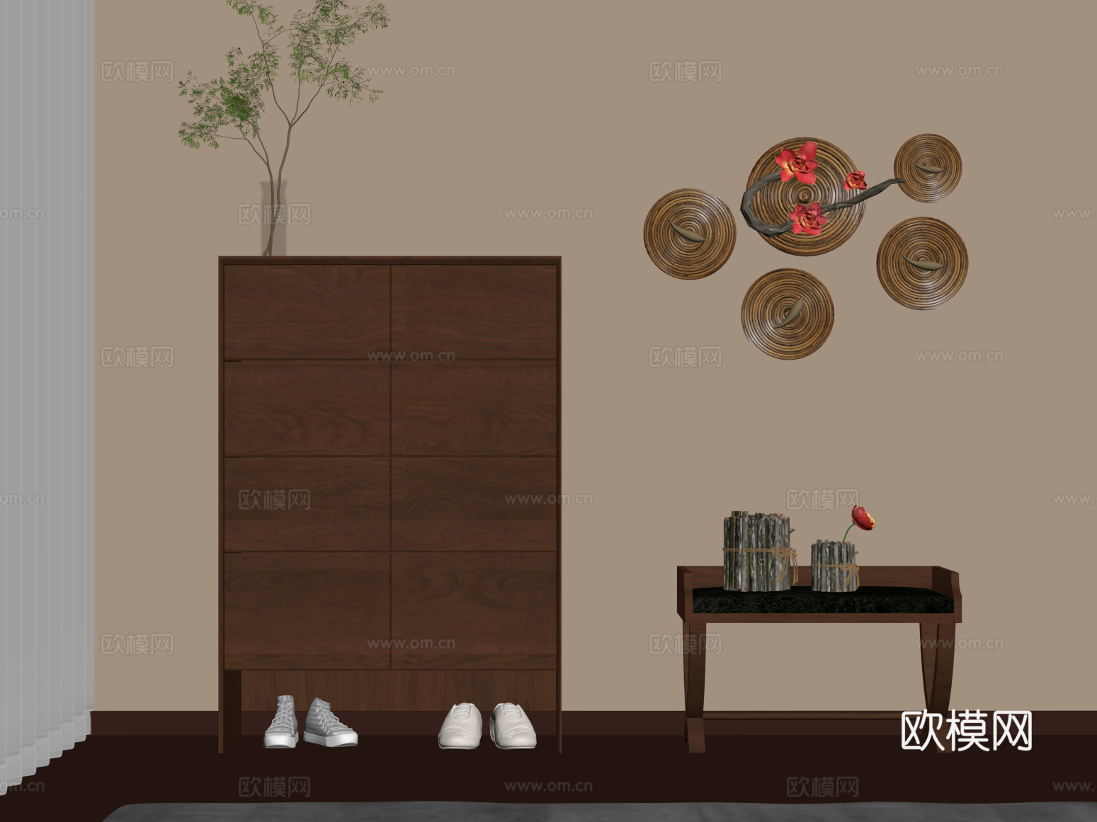 鞋柜 新中式鞋柜 换鞋凳su模型