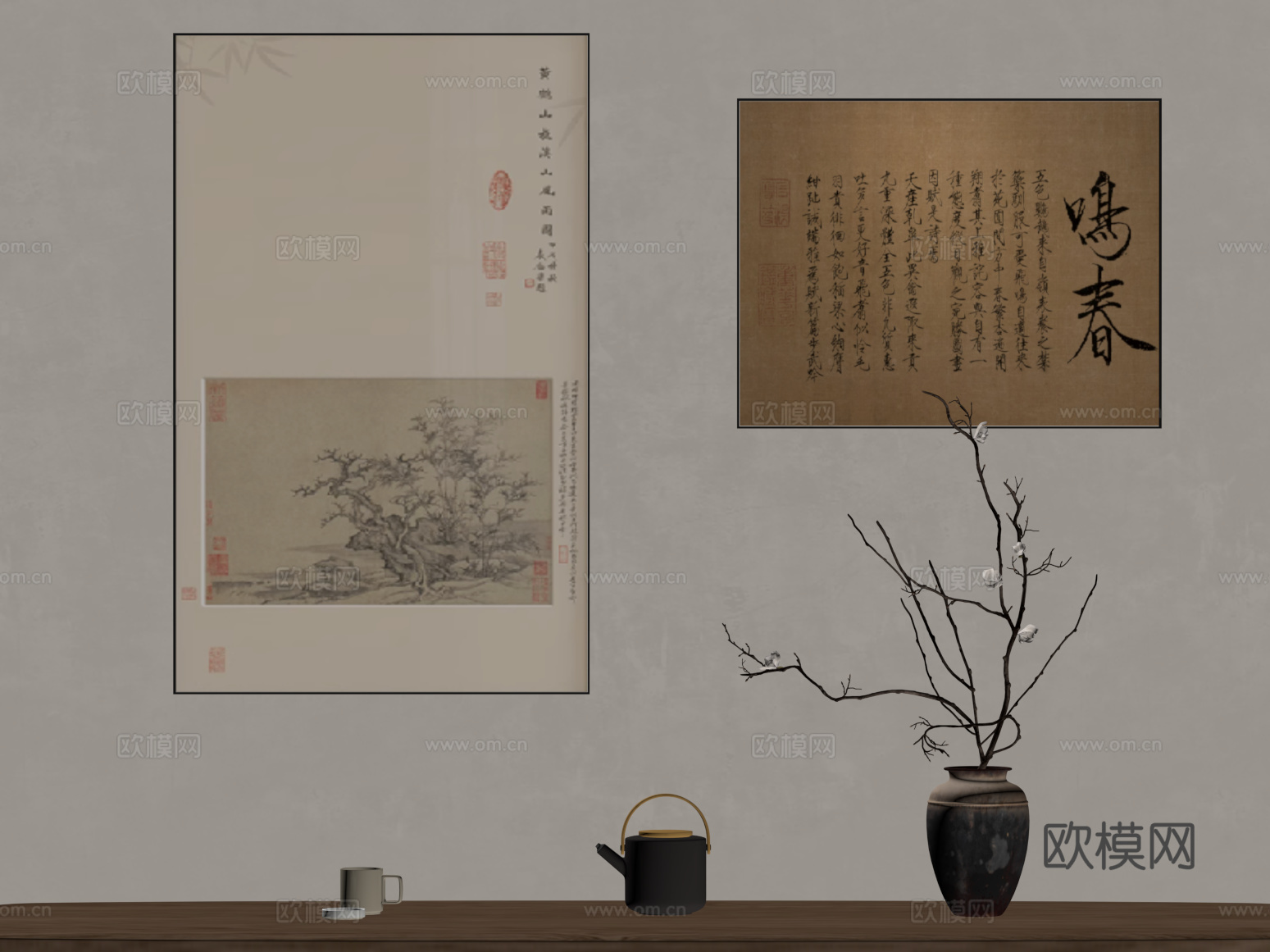 新中式宋式风挂画 装饰画 花瓶装饰摆件su模型