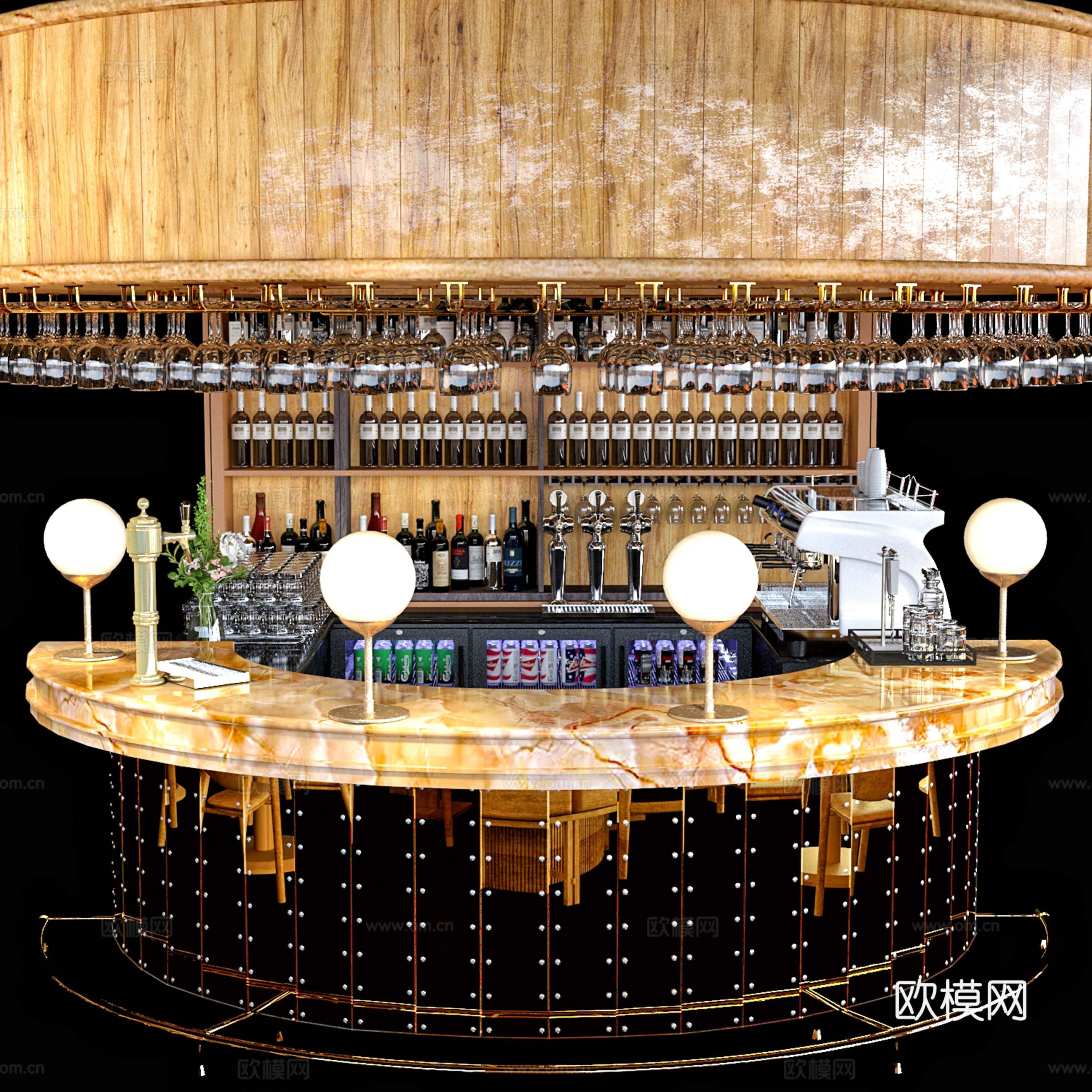 美式复古酒吧台 咖啡吧台3d模型-Pic-2