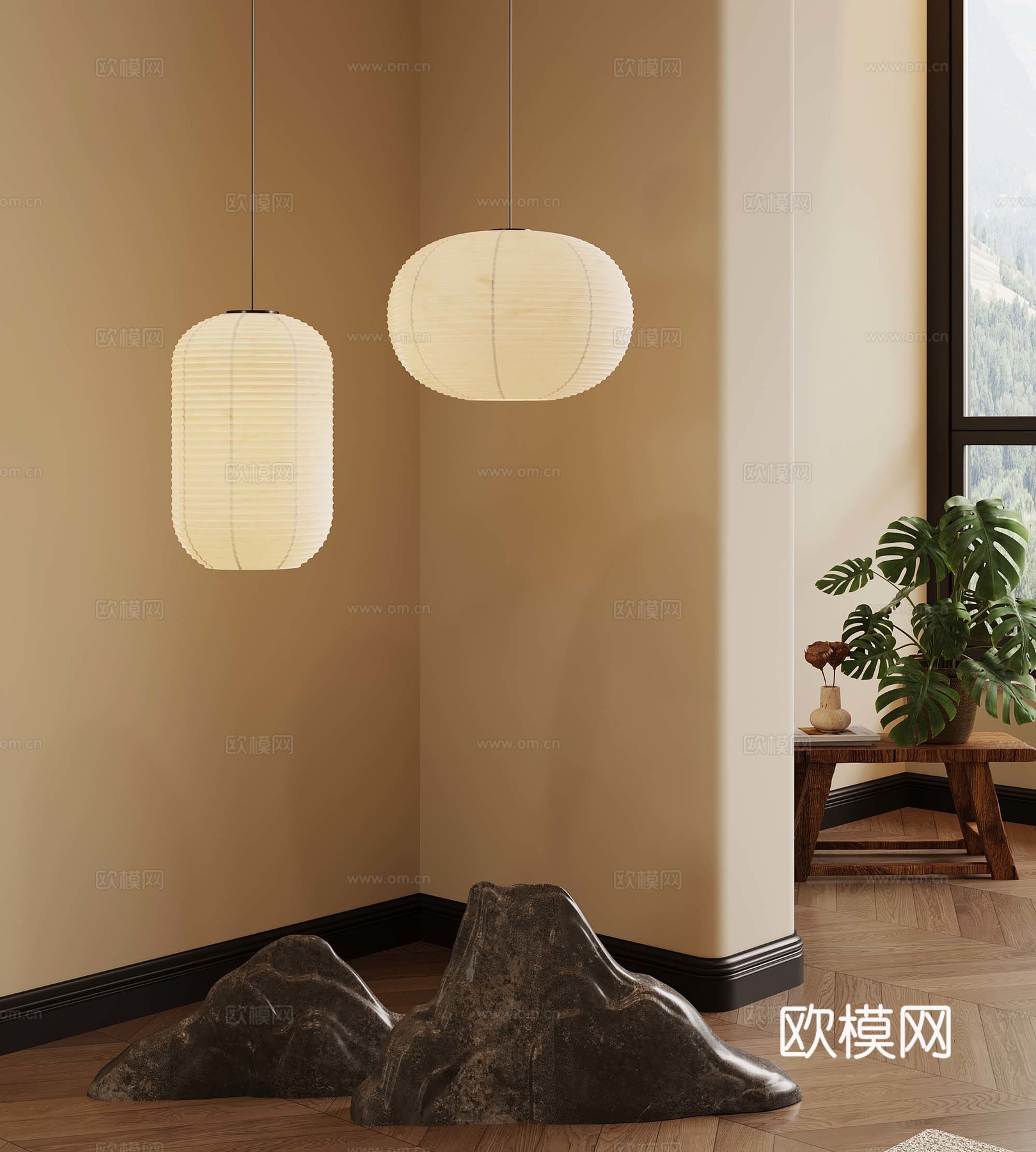 新中式灯笼 盆栽盆景 龟背竹 石头su模型
