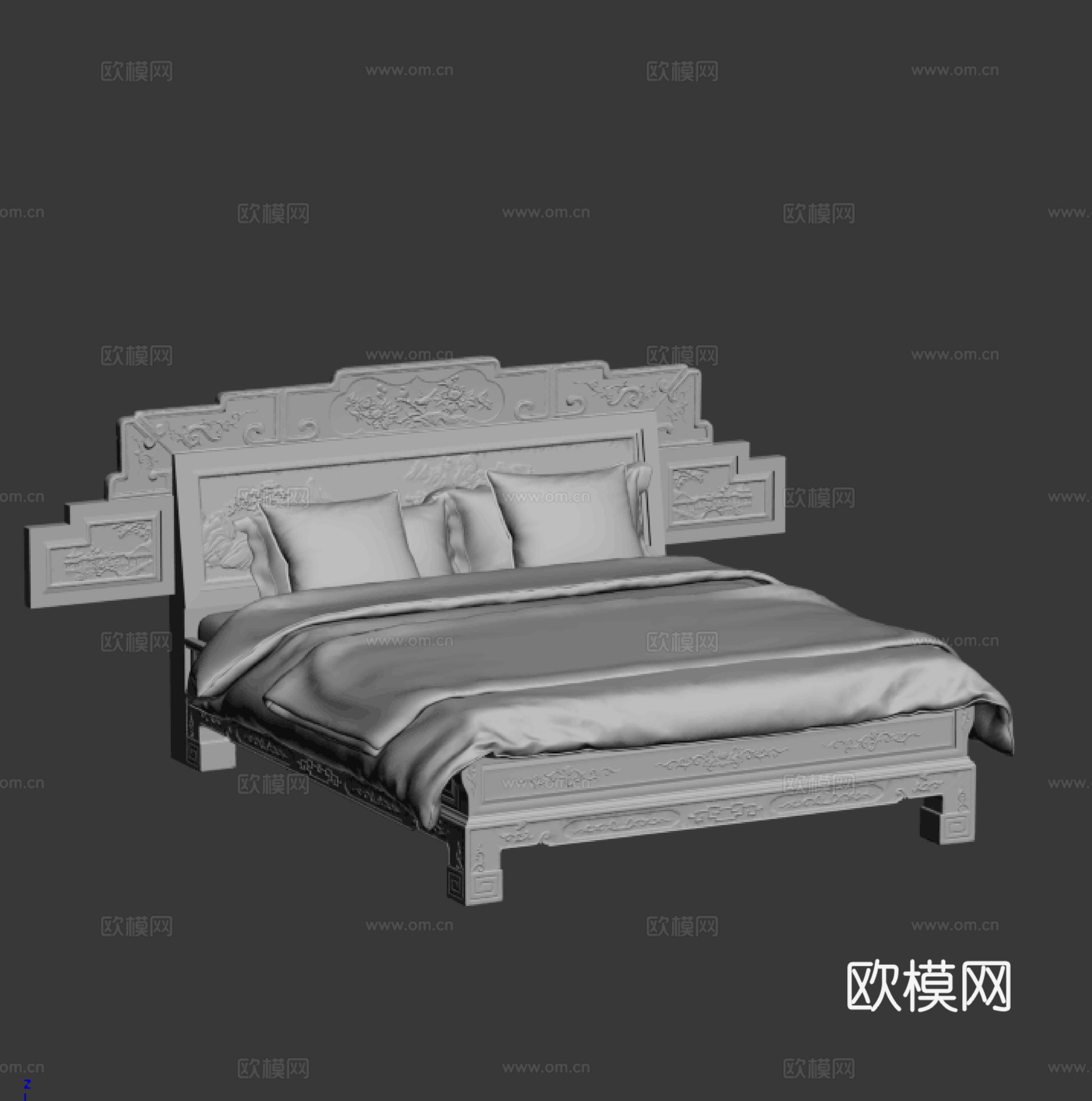 中式双人床 雕花床头床体 实木红木3d模型
