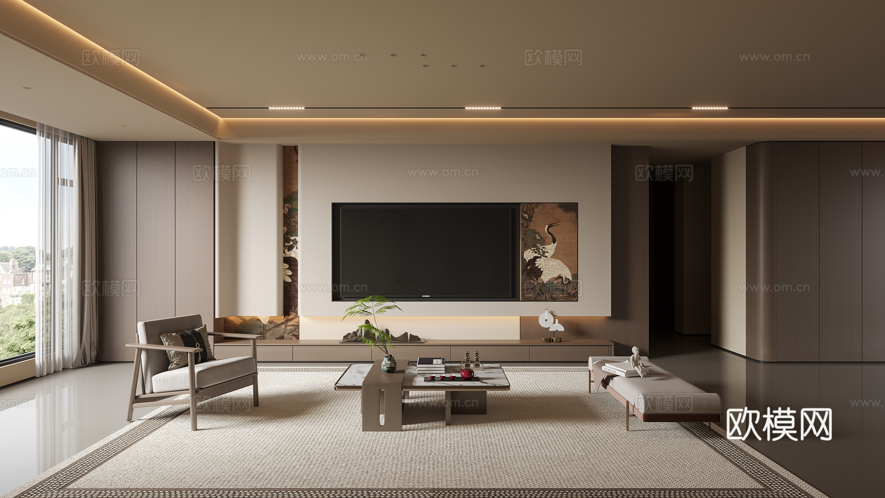 宋式美学客厅电视背景3d模型