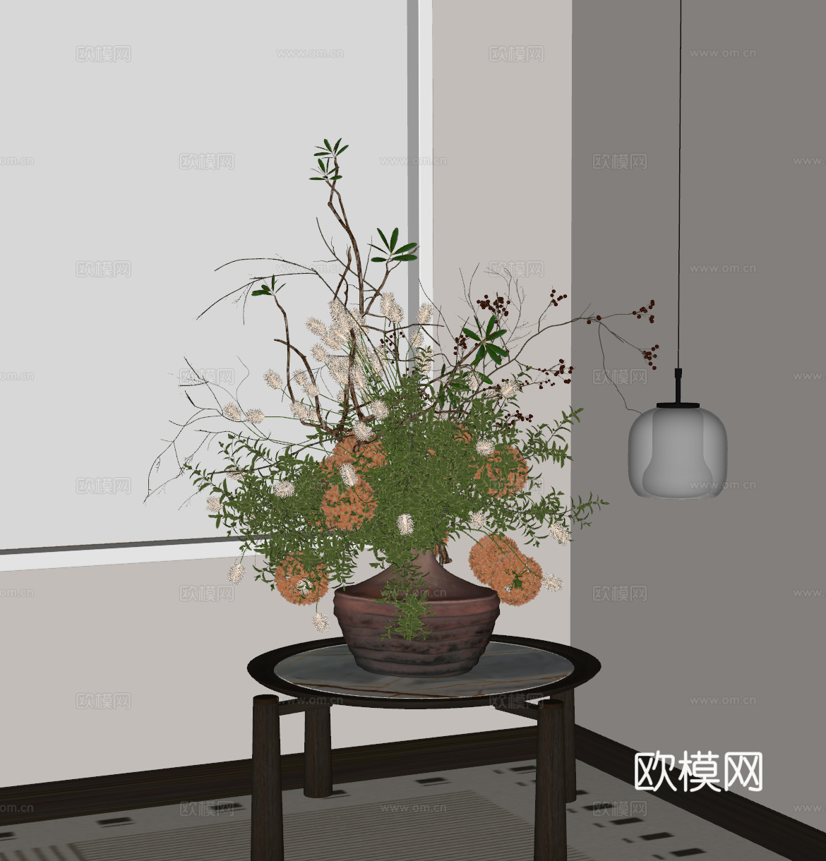 花瓶 中古花艺盆景 陶罐花瓶 干枝花艺 装饰摆件 花瓶花艺su模型