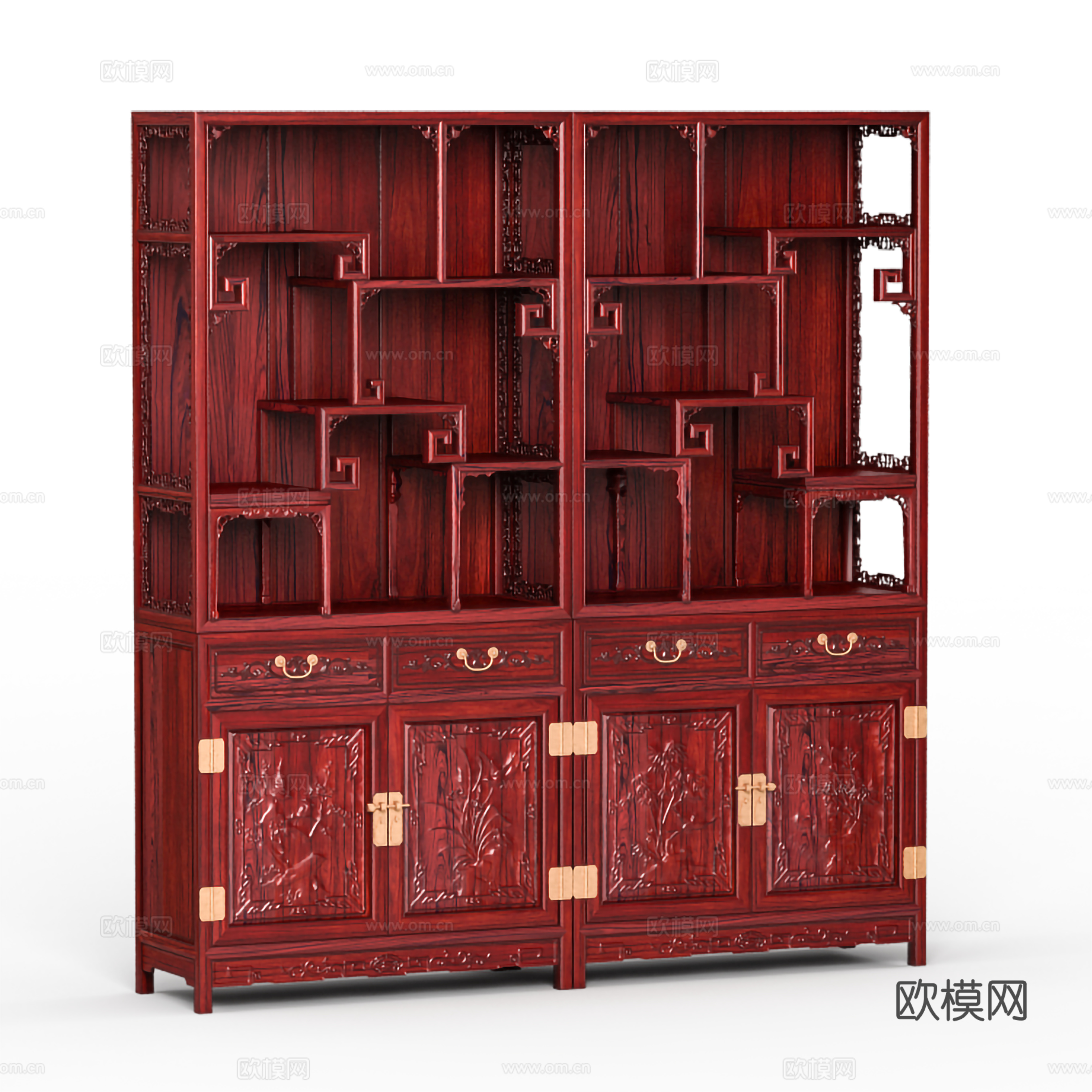 中式博古架 雕花柜门 实木红木3d模型