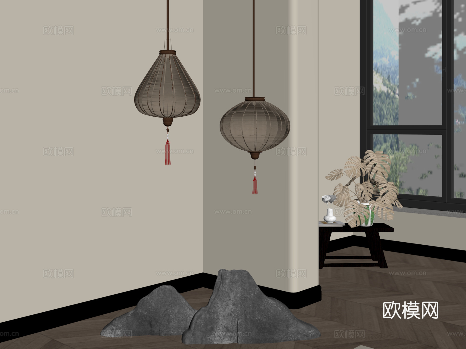 新中式灯笼 盆栽盆景 龟背竹 石头su模型