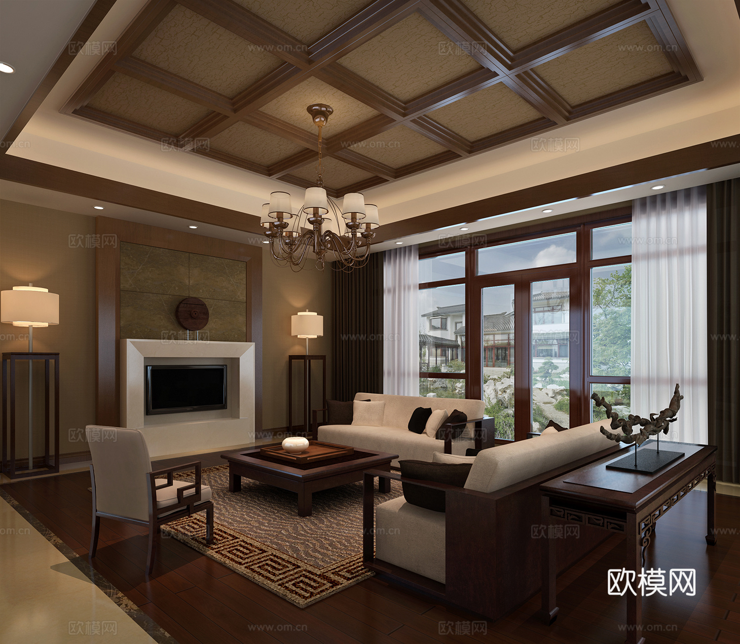 中式客厅 现代中式客厅 沙发茶几 吊灯 桌面摆件 挂画3d模型