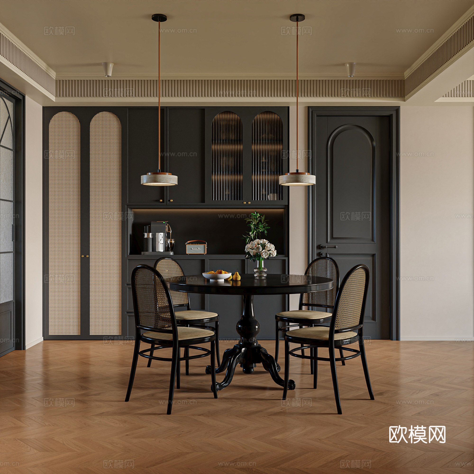 现代中古风客厅 竖厅 藤编圆桌椅 电视柜 餐边柜su模型