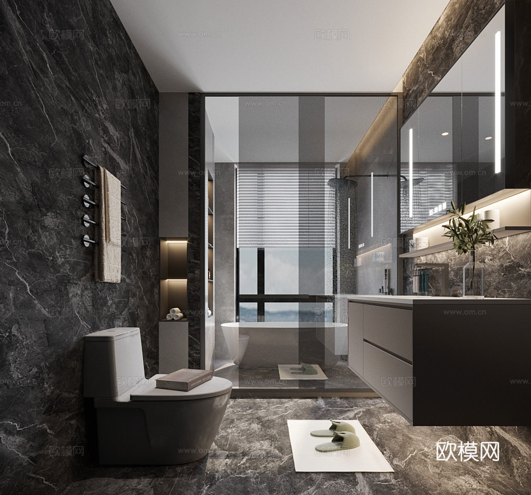 意式轻奢卫生间 干湿分离卫生间 洗手台3d模型
