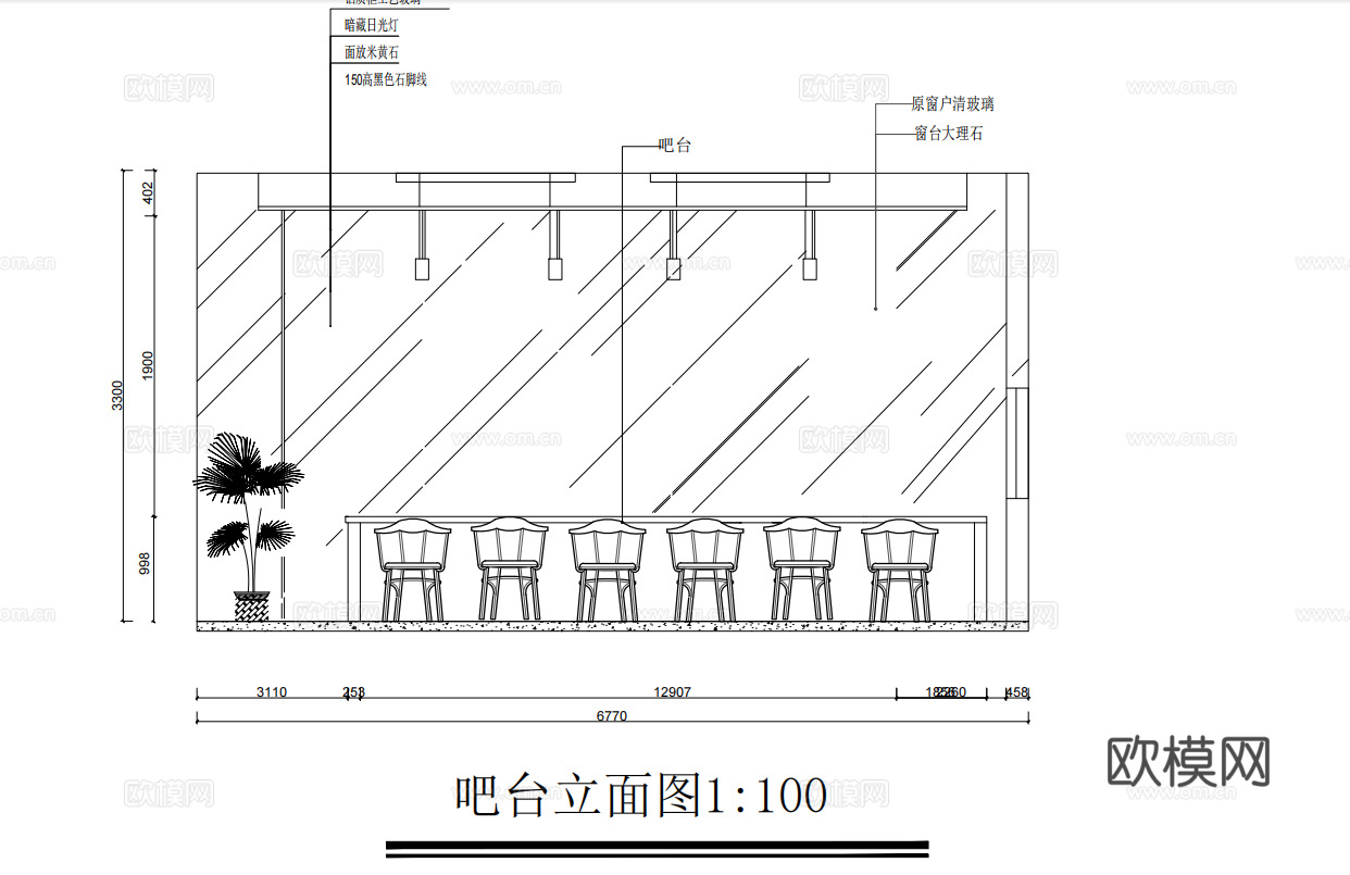 咖啡厅平面布局图 咖啡厅平面图 立面图cad施工图