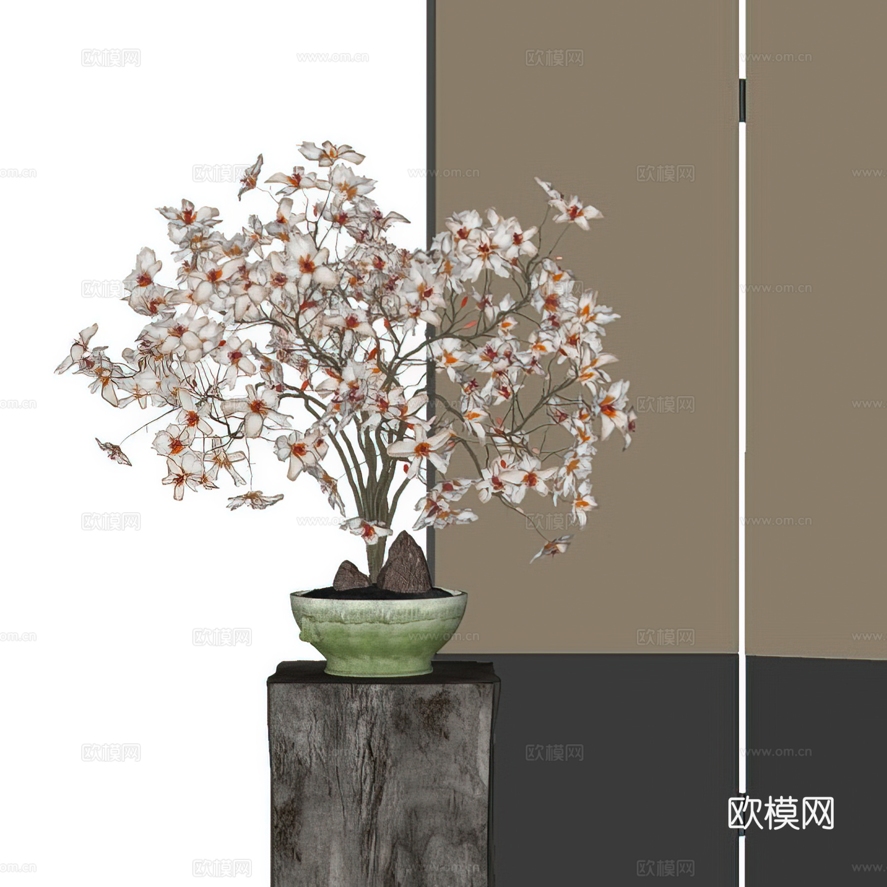 新中式花艺摆件梅花 艺术插花 陶瓷花瓶 盆景盆栽su模型