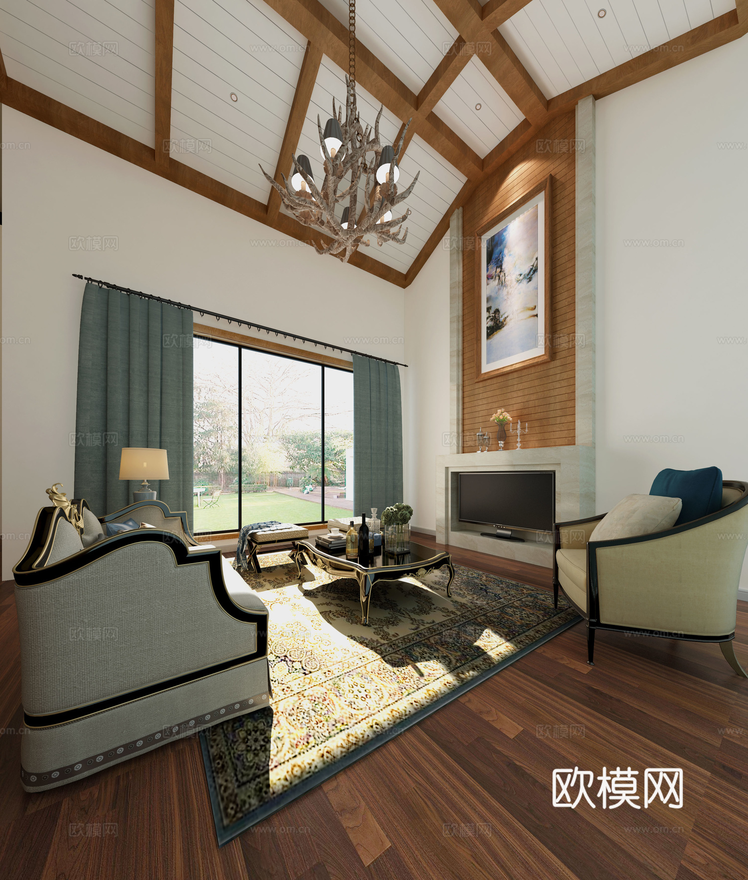 美式客厅沙发美式吊灯3d模型
