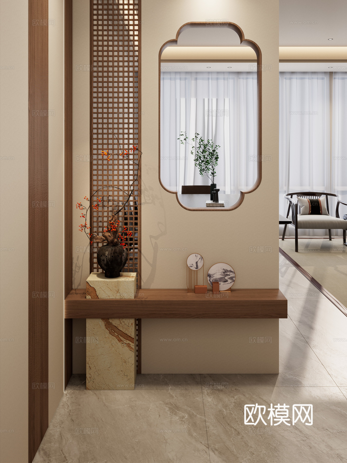 宋式 禅意 实木隔断 线性灯 端景 隔断 花瓶 玄关3d模型