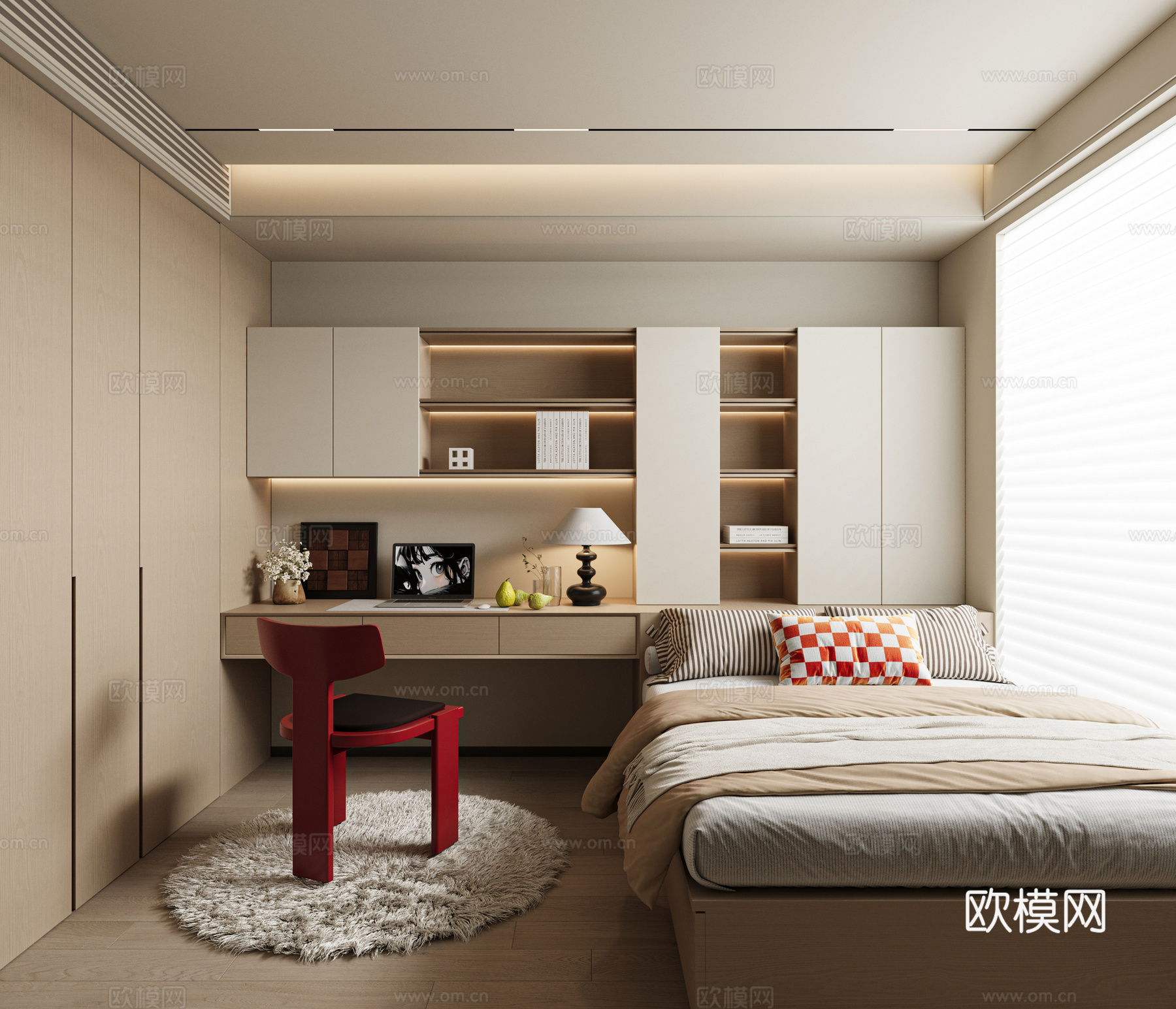 现代榻榻米卧室 书桌书椅 地毯 台灯 摆件 次卧3d模型