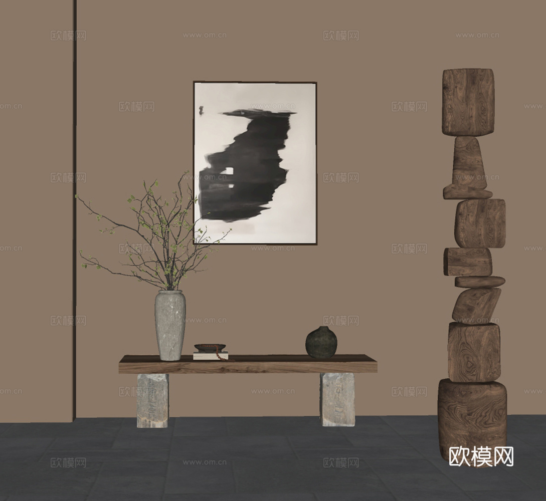 中古中古侘寂风条案饰品木质雕塑摆件组合su模型