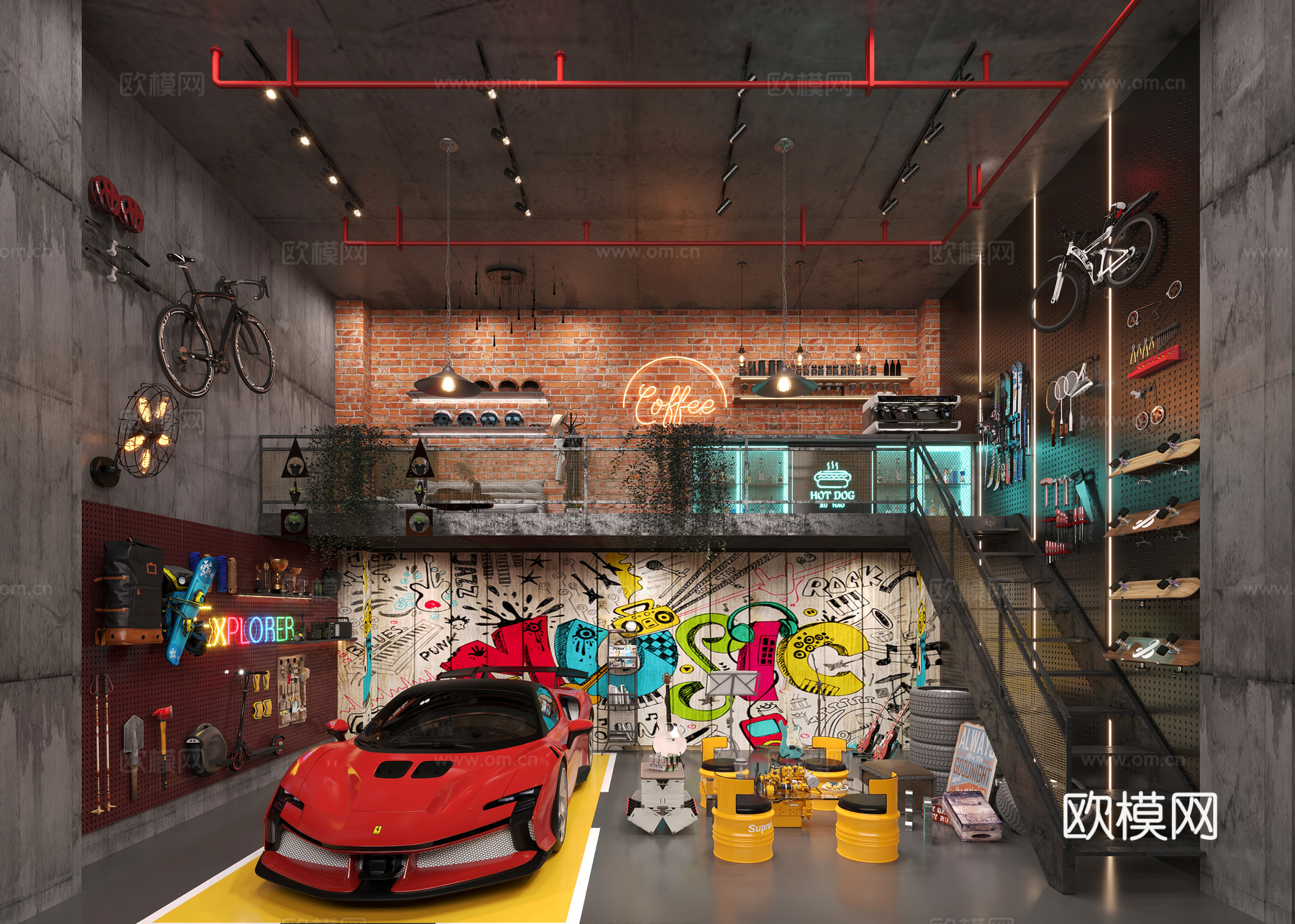 美式复古工业风车库3d模型