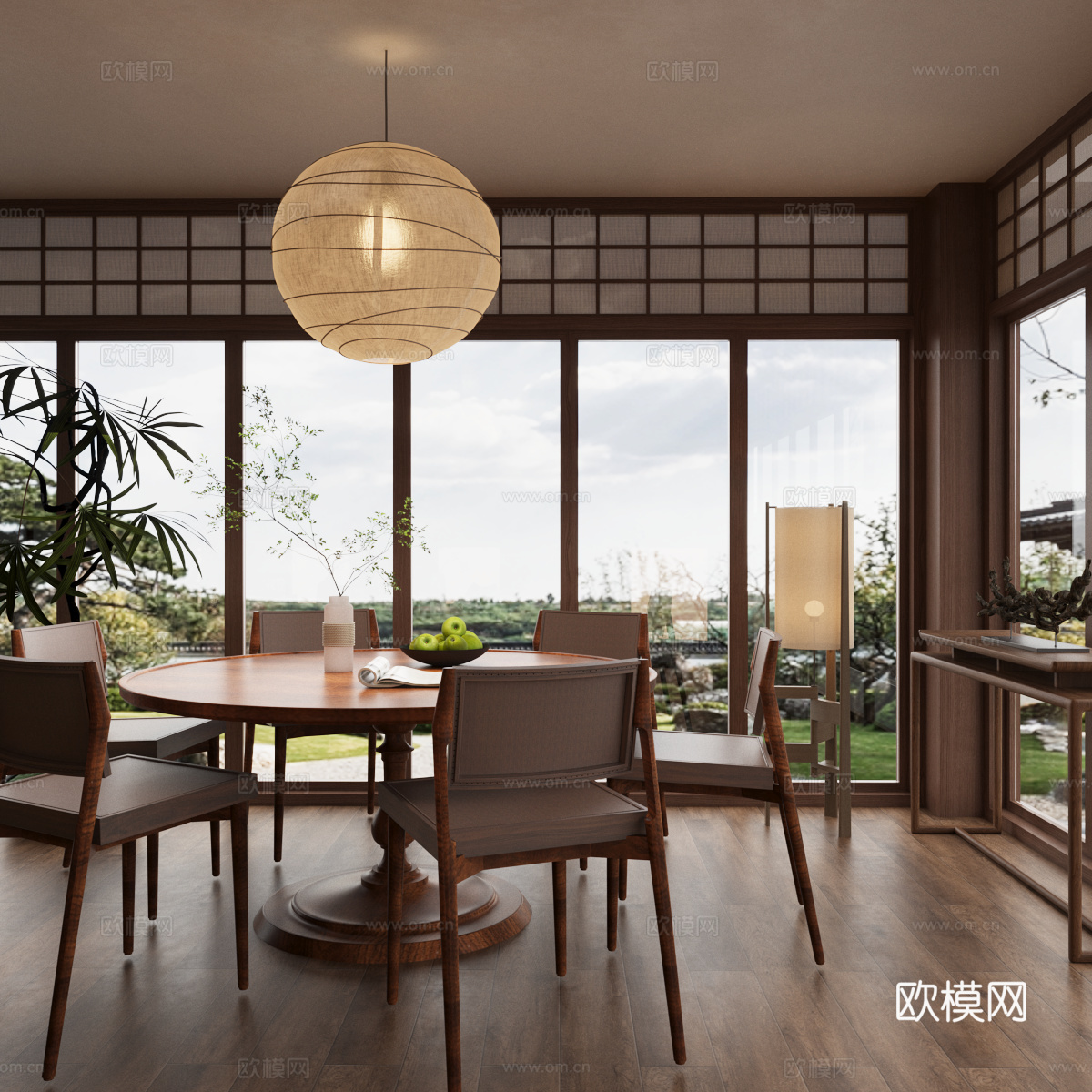 新中式餐厅 圆桌餐厅 餐桌椅组合 吊灯3d模型