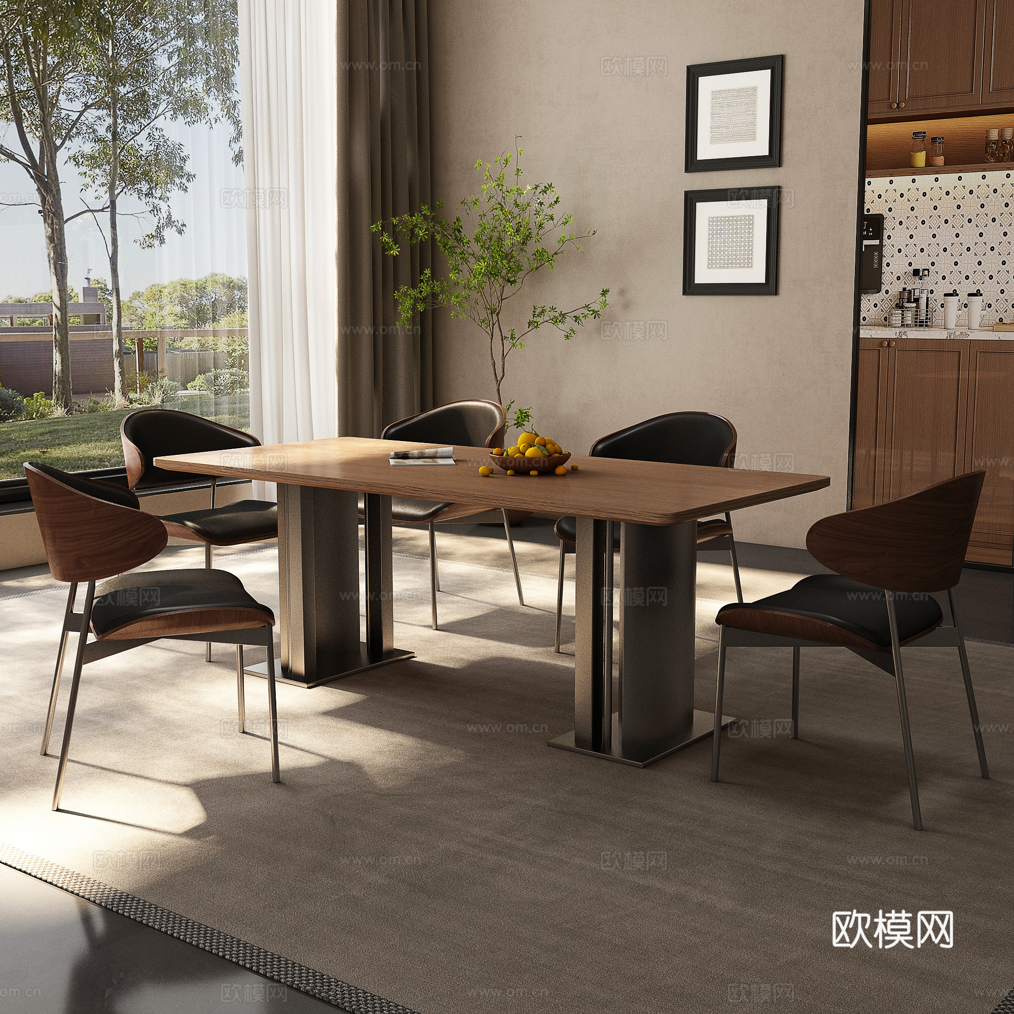 中古风餐厅 餐桌椅su模型