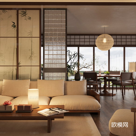 新中式客厅 大户型客厅 横厅客厅 餐桌椅组合3d模型下载