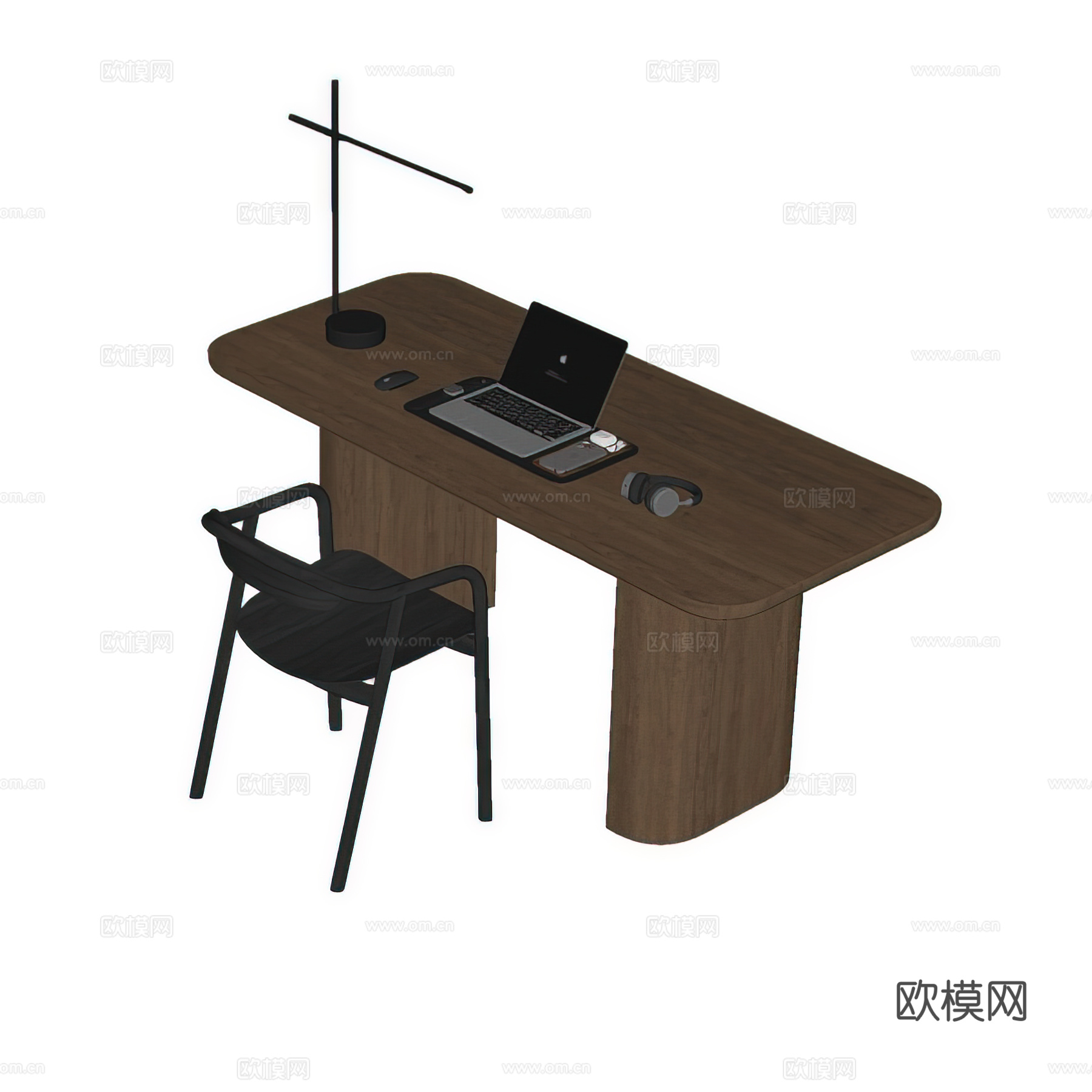 现代书桌椅组合 办公用品 桌面摆件 办公椅 台灯 电脑su模型
